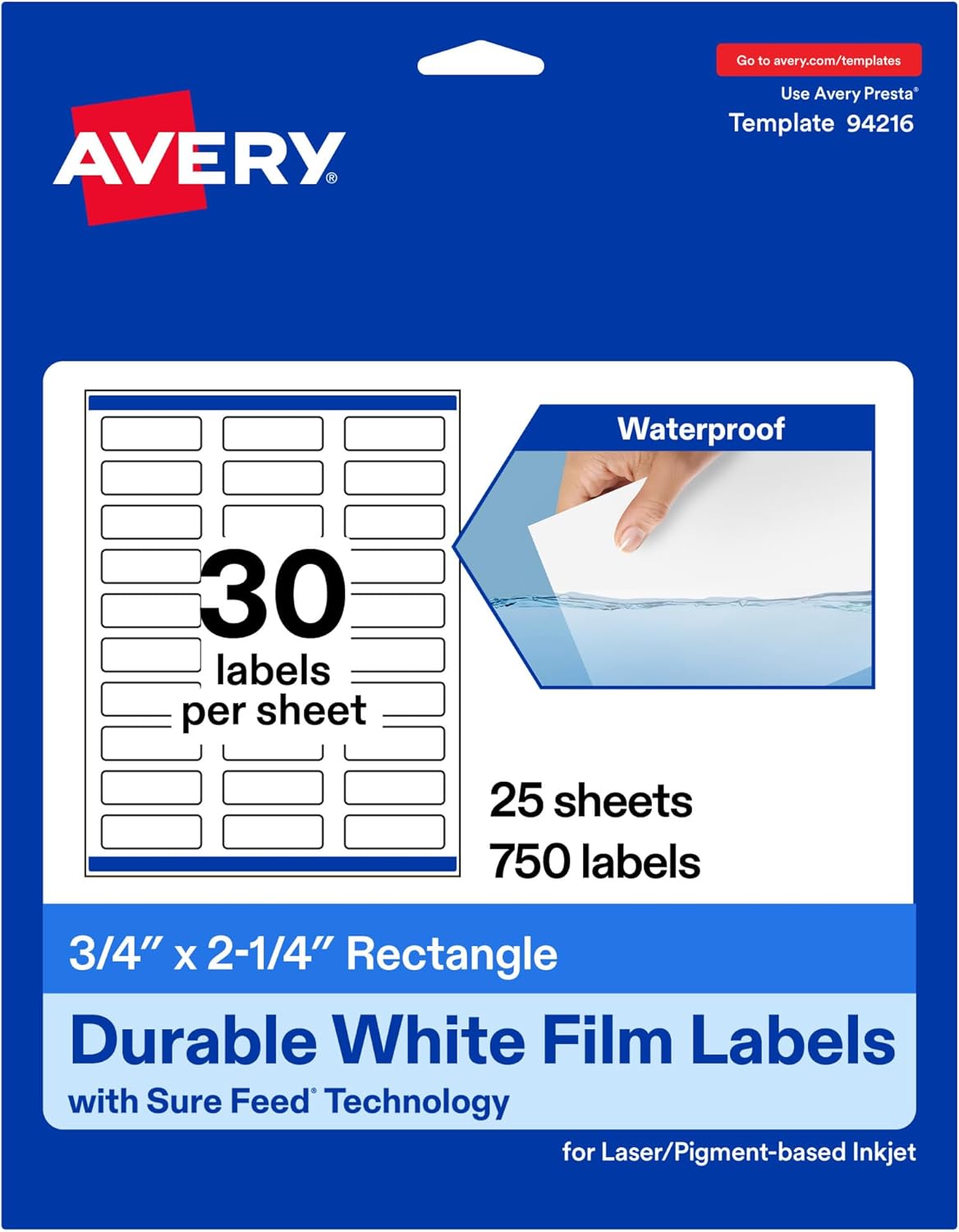 Avery Printable Durable White Rectangle Labels, Sure Feed Technology, 0.75" x 2.25", Print-to-the-Edge, Waterproof Labels, Laser & Pigment-Based Inkjet Compatible, 750 Total