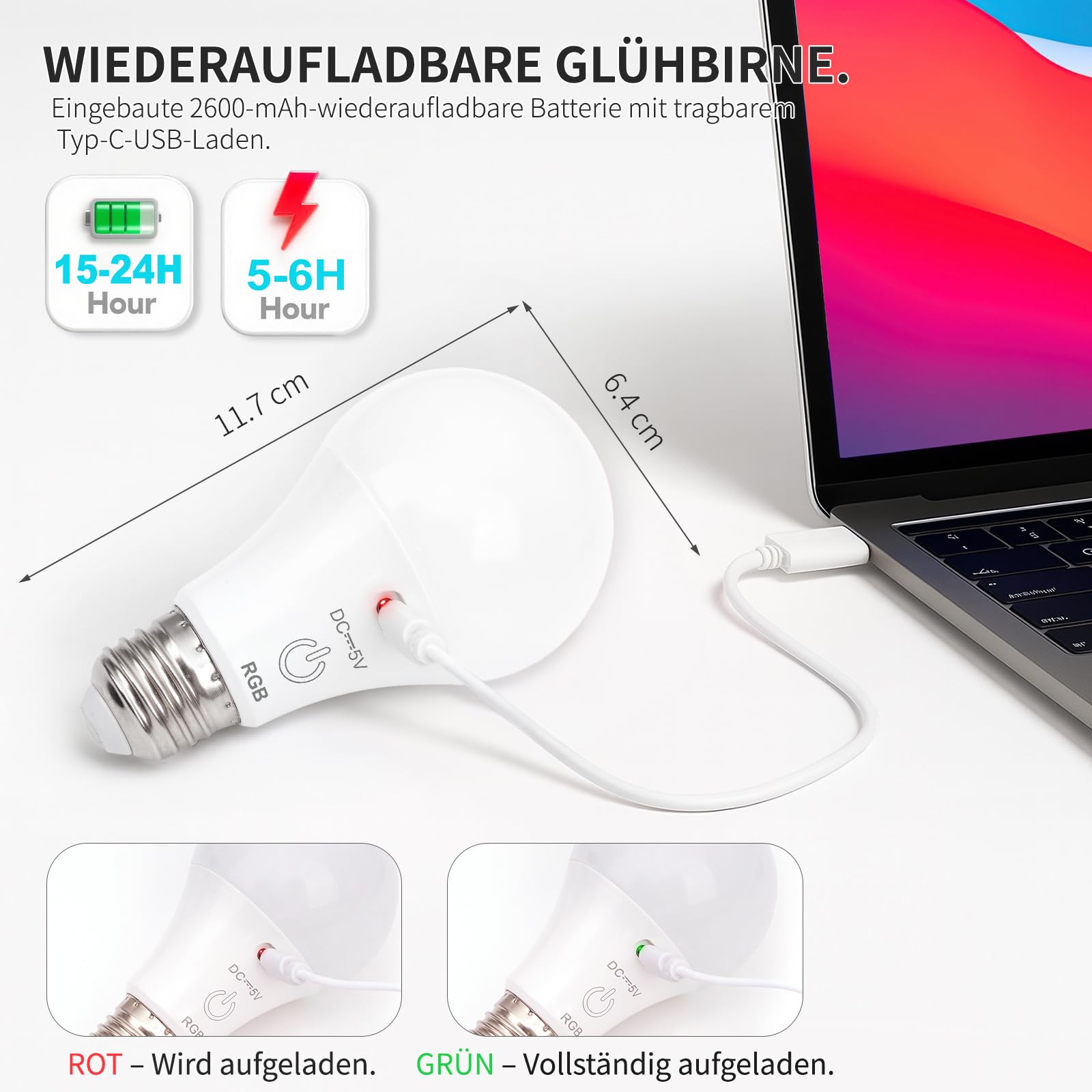 FRIDEKO HOME 2 Stück Aufladbare Glühbirne mit Fernbedienung 2600mAh E27 Smart Farbwechsel Farbige RGB Touch Control Dimmbare Akku Lampe mit Timing Funktion