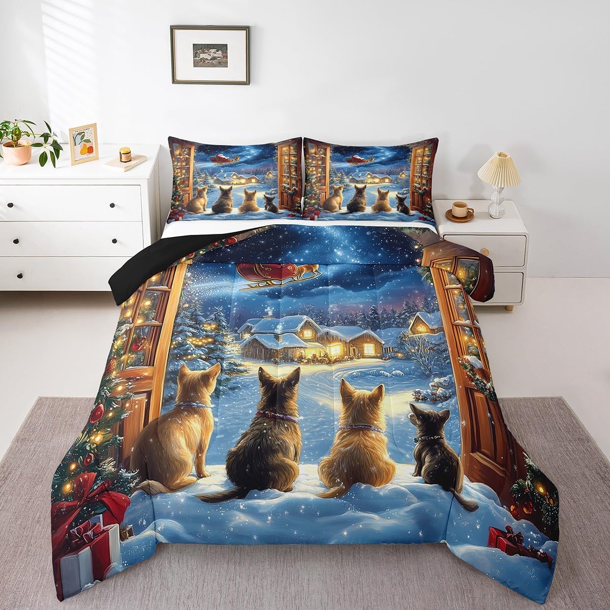 Merry Christmas Comforter Set Twin Size,Santa Claus Elk Dogs Cute Animals Bedding Set for Kids Boys Men,Blue Stars Galaxy Winter Xmas Night Quilted Duvet Set with 1 Pillowcase