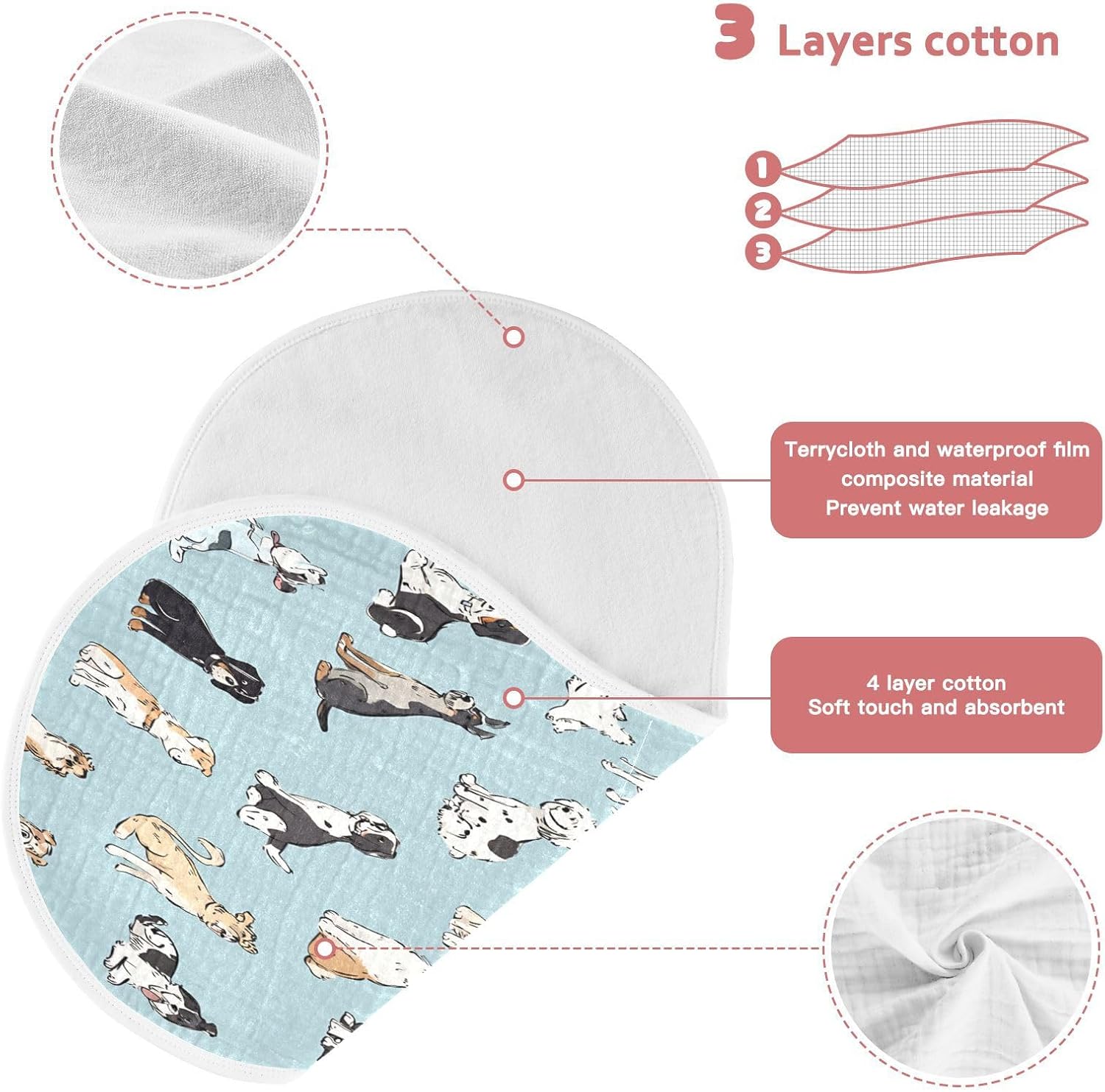Beautiful Dog Art Pattern Baby Burp Cloths -4Pcs Soft Absorbent Muslin Washcloths Bibs Face Towel for Newborn Boys Girls 22 x 11 Inch