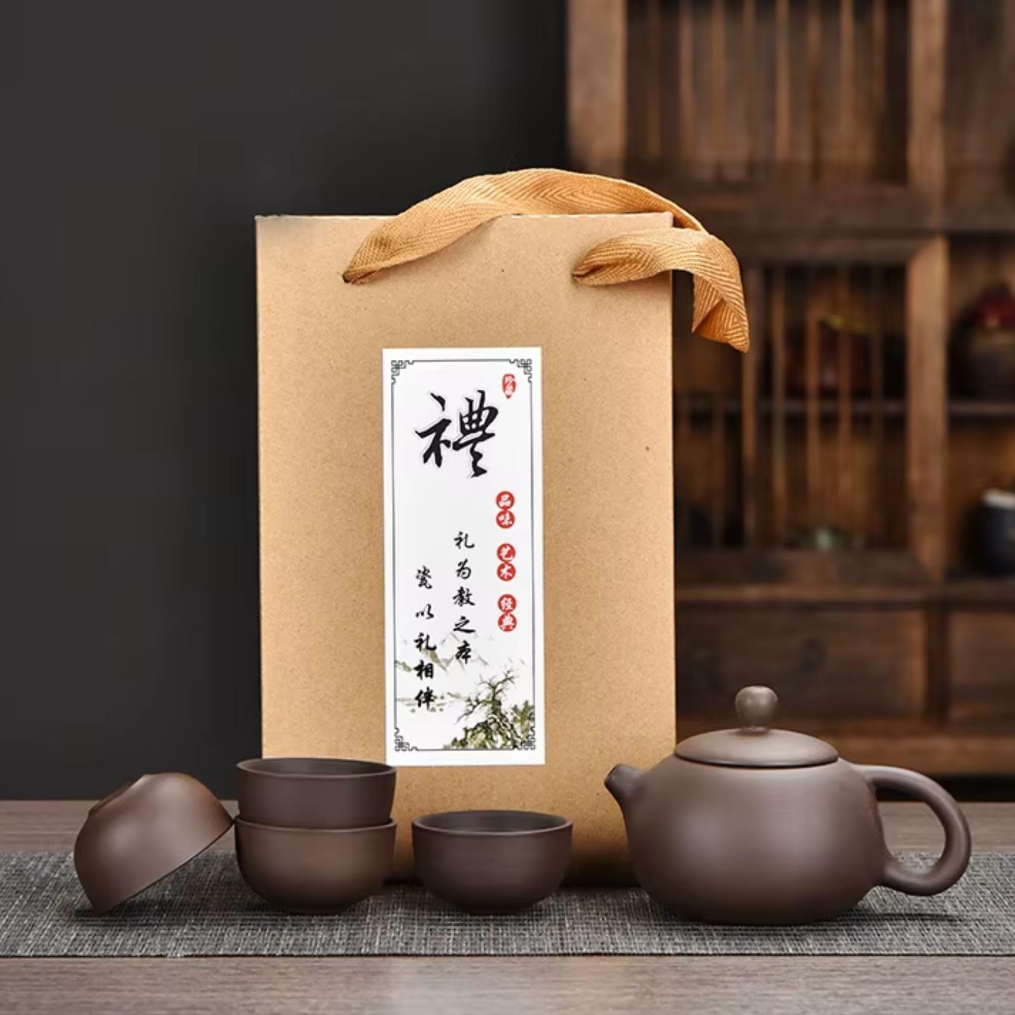 Traditionelles Chinesisches Yixing Tee-Service Set, Handgefertigte Keramik, Braun, 4-Teiliges Kung Fu Teeservice mit Teekanne und Tassen in Geschenkbox