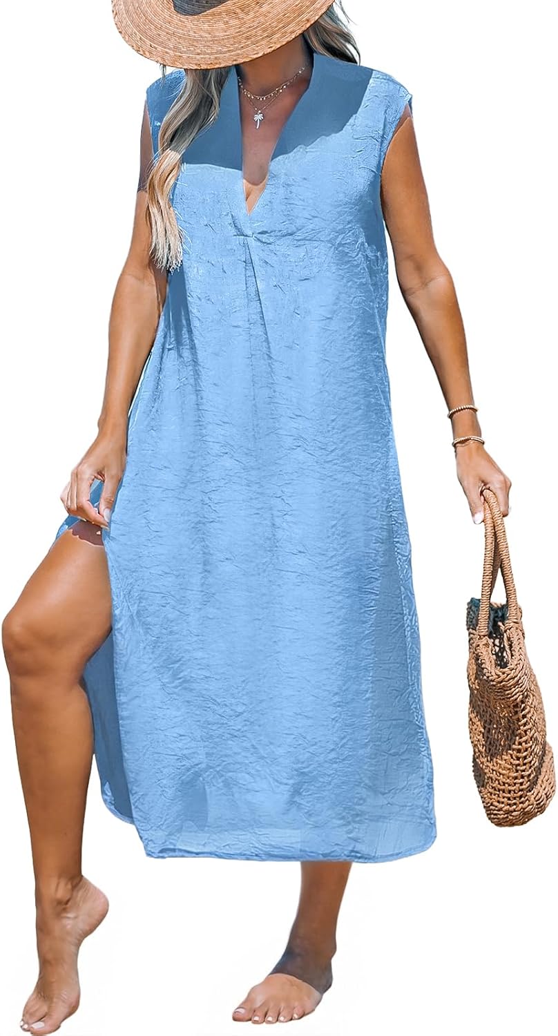 CUPSHE Women's Swimsuit Coverup Casual Sleeveless Side Split Long Cardigans V Neck Midi Beach Dress