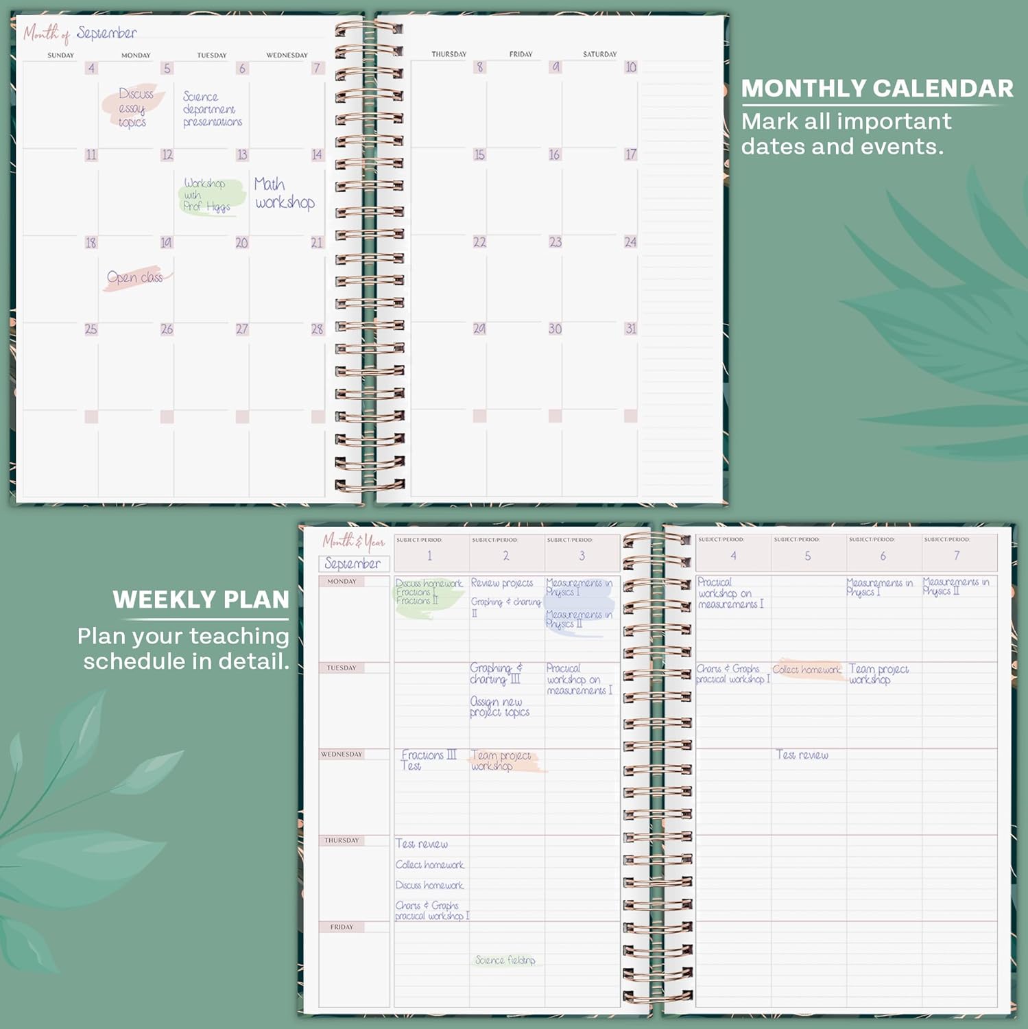 PLANBERRY Teacher Planner – Undated School Year Plan Book for Teachers with Calendars & Lesson Plans – Planner for Classroom Organization & Homeschool – 8”x10.5” Hardcover (Green Pastures)