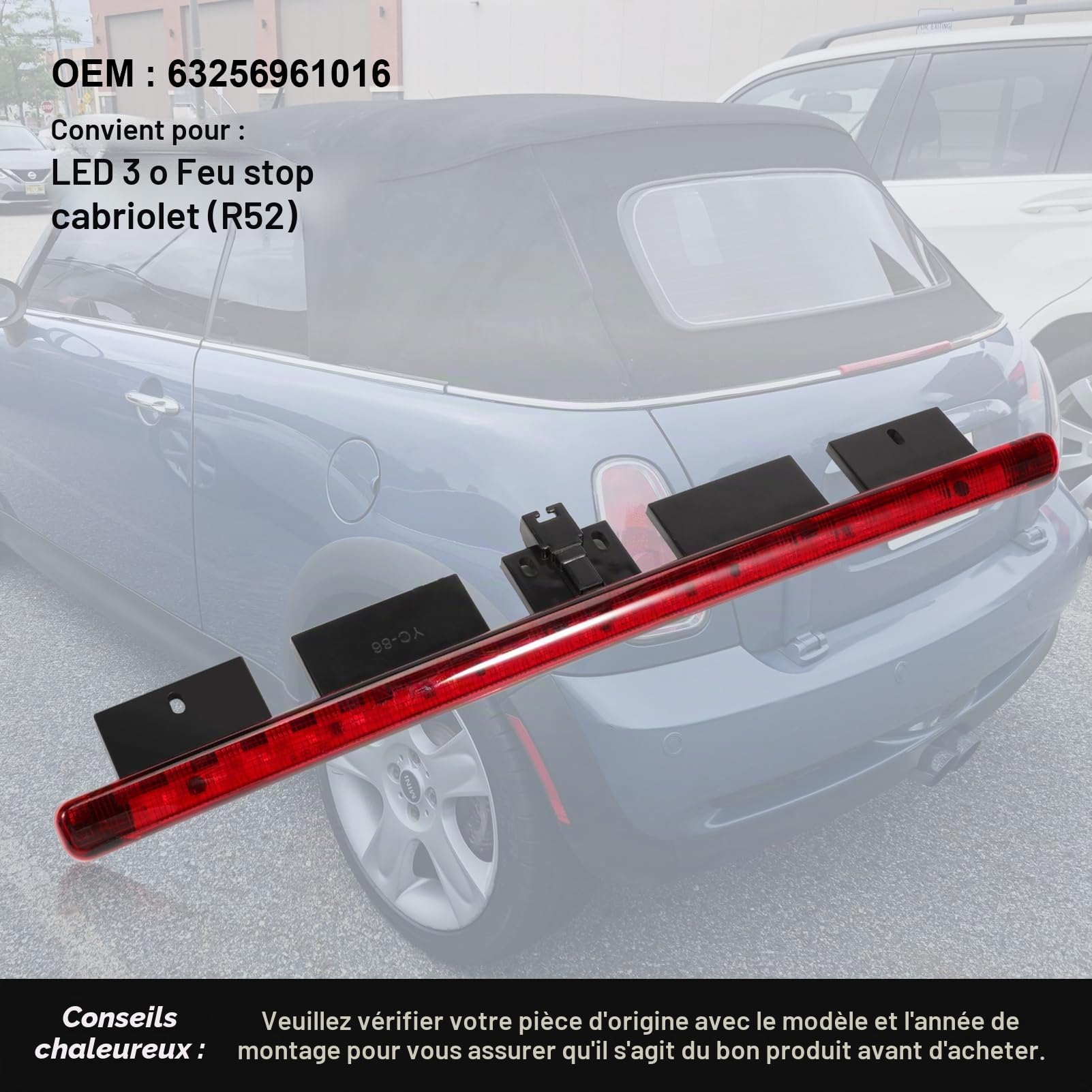 3e Feu Stop Mini Cooper Cabriolet R52, Rouge, 1 pièce | Remplace 63256961016, Remplace 63256961015, Lampe de Troisième Feu Stop, Feux Stop Arrière Feu Stop Central