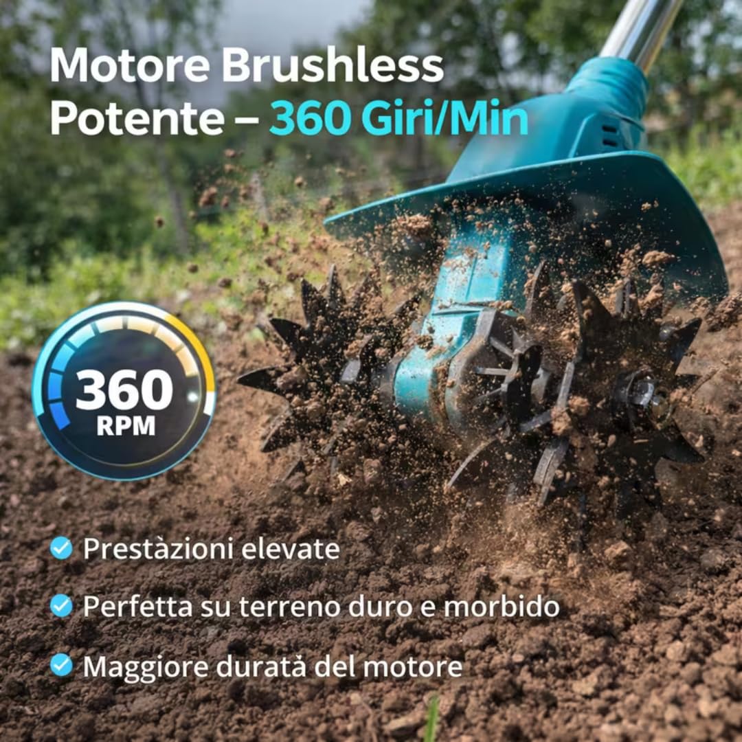 Motozappa Elettrica a Batteria 48V, Zappetta da Giardino Portatile con Asta Regolabile in Acciaio Inox, Attrezzo per Lavorazione e Frantumazione Terreno, 2 Batterie Incluse + Caricatore.