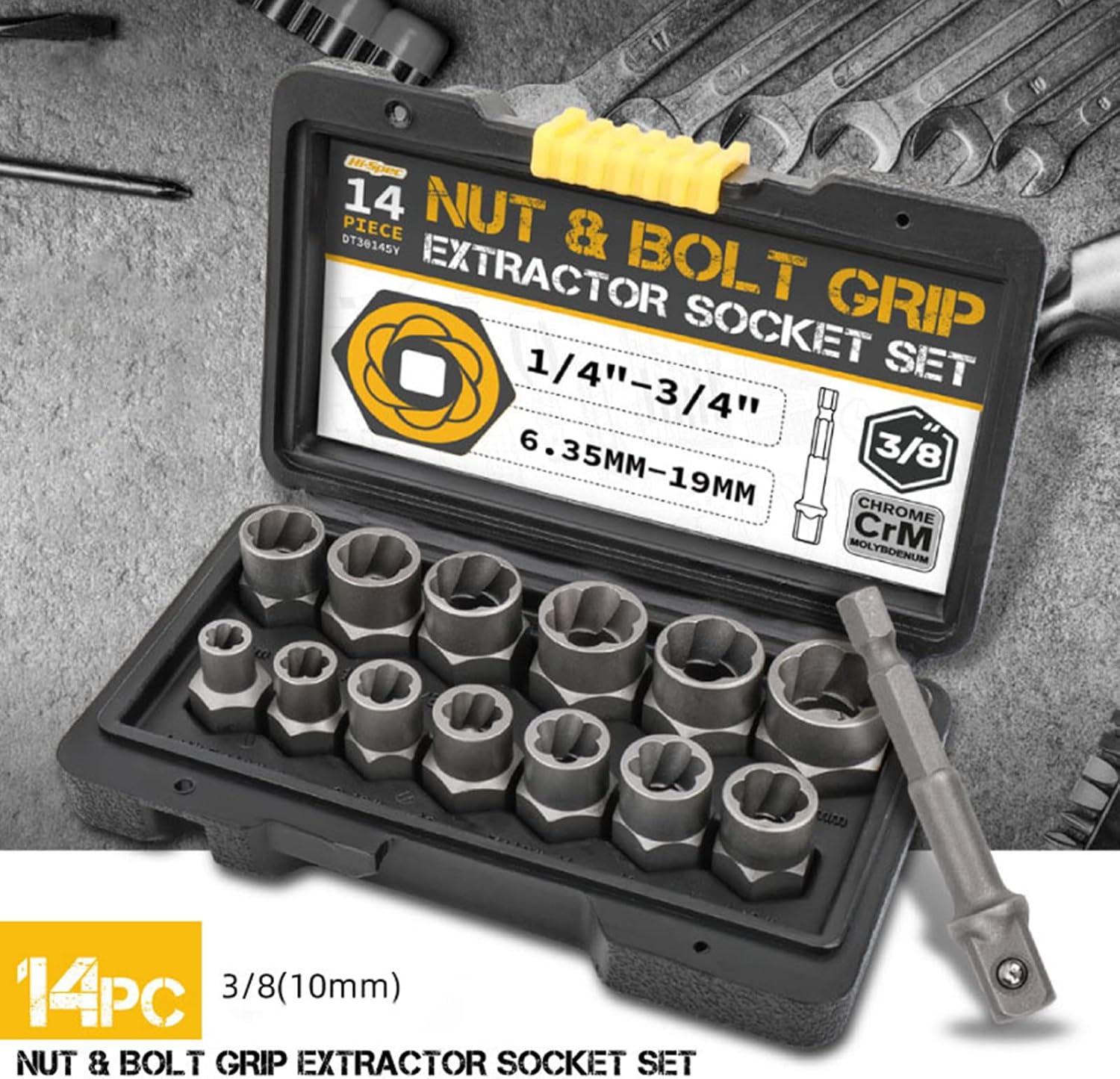 14 Pieces & Nut Remover Set Cr-Mo Steel Extractor Tool Set with Solid Storage for Case Used for Industr