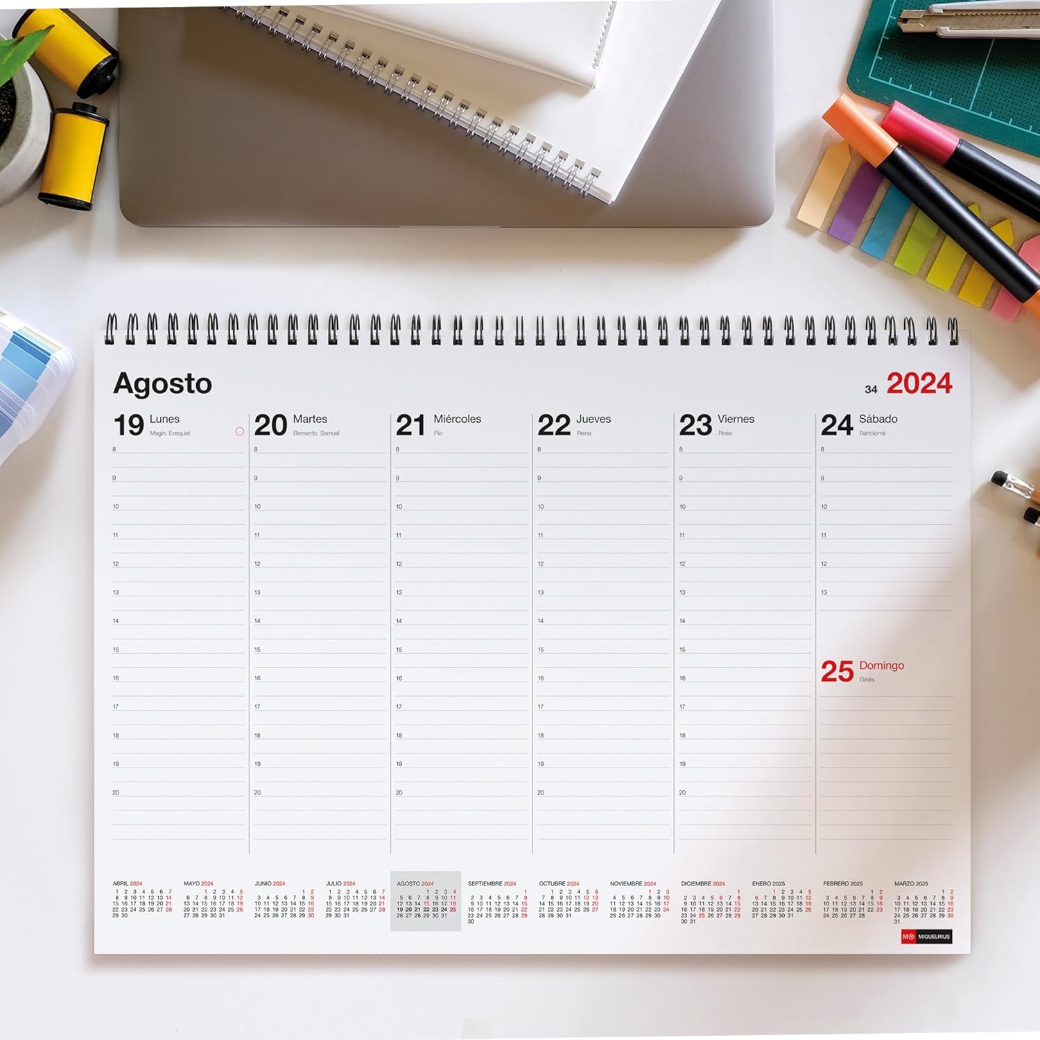 Miquelrius - Weekly Planner 2024 Basic Desktop Weekly Planner, A3 Size: 420 x 296 mm, with Space to Note, Double Spiral Binding, Spanish