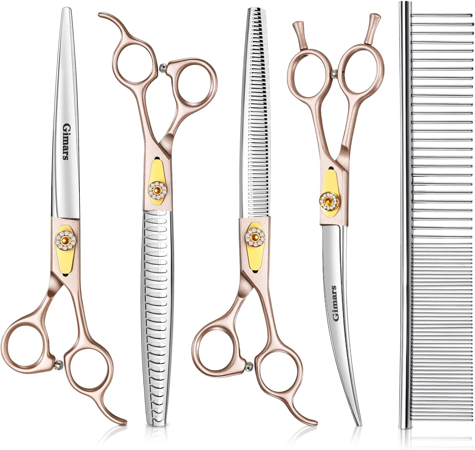 Gimars 8 Inch Professional 440C Stainless Steel Dog Grooming Scissors Heavy Duty 6 In 1 - Straight, Thinning, Chunker, Curved Shears and Comb, Ergonomic Pet Grooming Scissor for Dogs, Cats