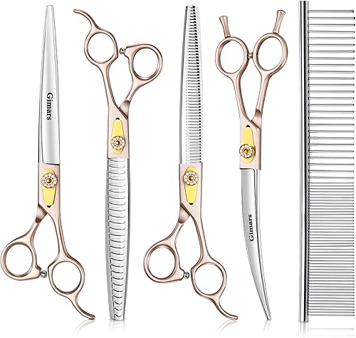 Gimars Tijeras profesionales de acero inoxidable 440C de 8 pulgadas para el aseo de perros, resistentes, 6 en 1, rectas, adelgazantes, trituradoras,