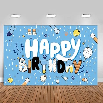 7x5FT Blue Dog Birthday Party Background Decoration Photography Vinyl Photo Cartoon Dog Birthday Background Supplies Blue