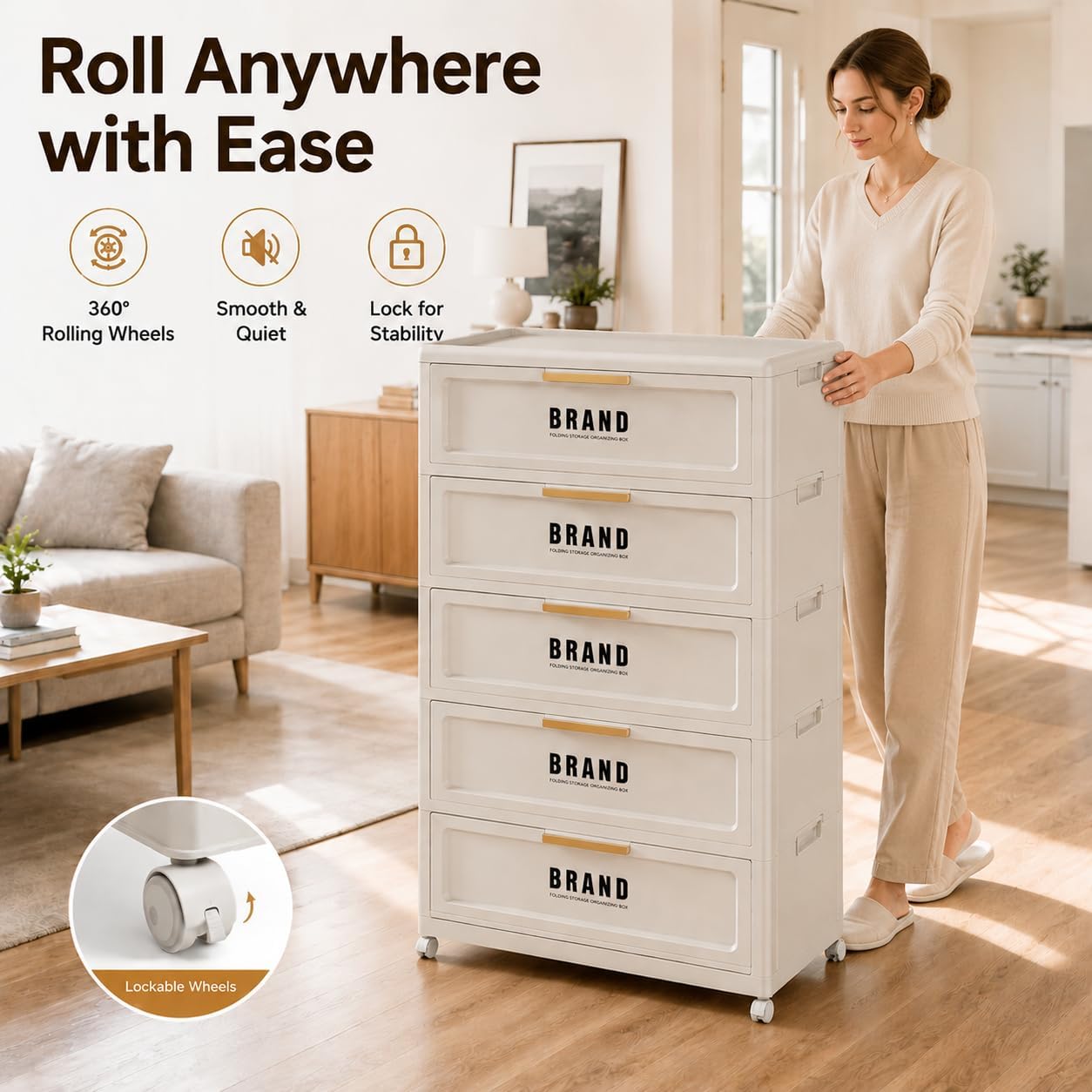 Foldable Storage Cabinet with Doors & Locking Wheels, 5-Tier Large-Capacity Organizer, No-Tool Setup, Impact-Resistant ABS Construction for Dorm, Pantry, Laundry, and Living Spaces