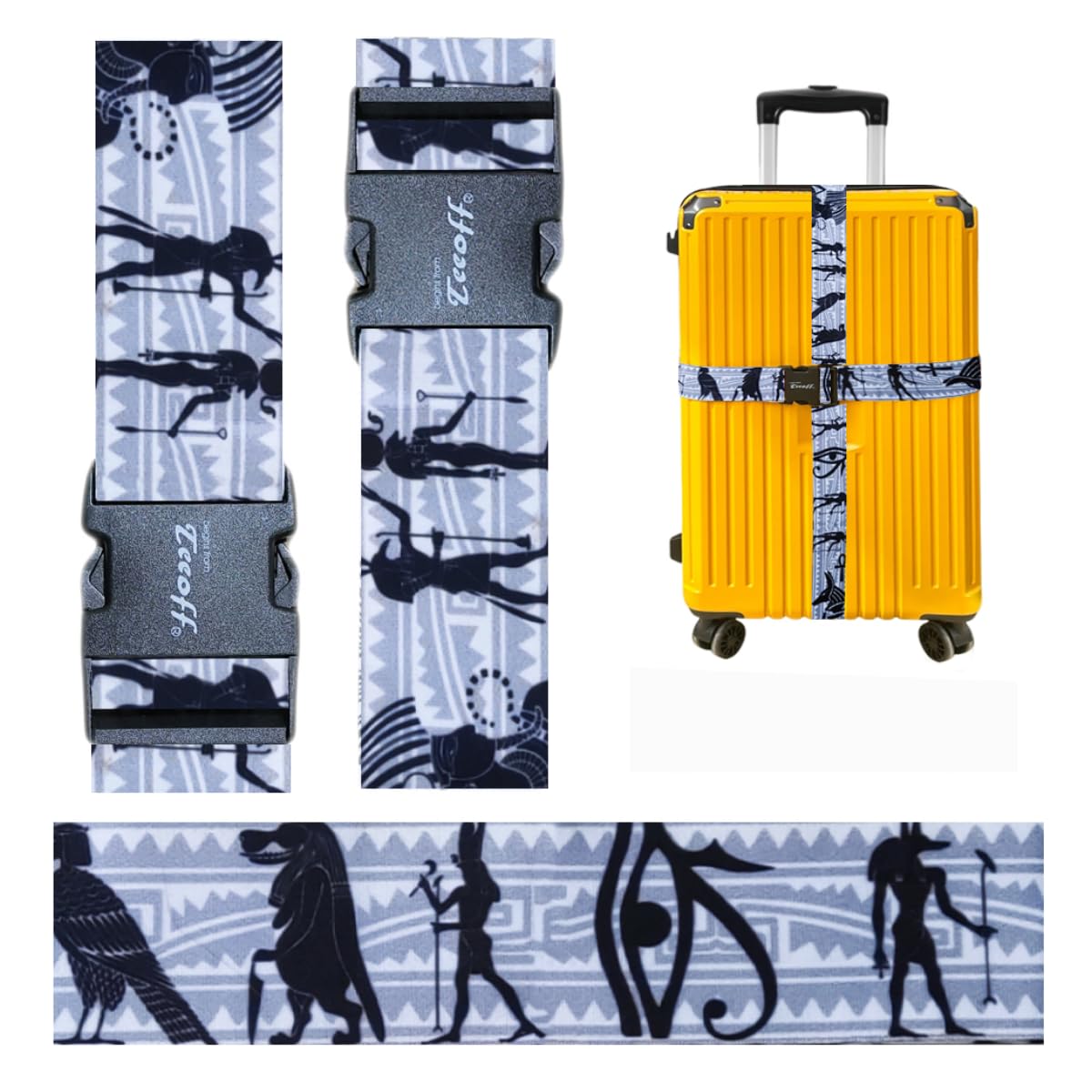 Teeoff Luggage Straps Suitcase Belts Travel Bag Accessories Adjustable 220CM (Egypt Black - 2 Pack)