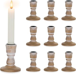 NUPTIO Candle Stick Holder Decor: Set of 10 Vinage Brown Wood Candlestick Holders - Bulk Boho Short Taper Candleholder for Fall Christmas Home Table Mantle Decoration