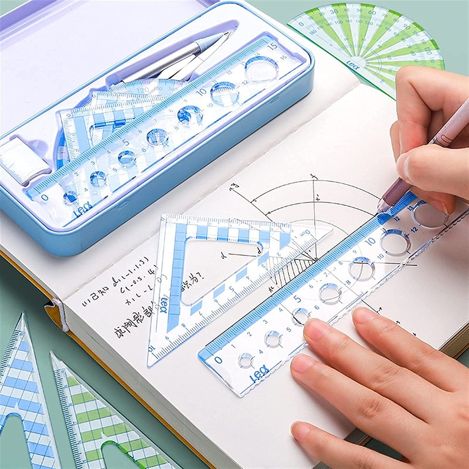 AKAZI Geometrie-Set Multifunktionale Kompasse – Zirkel Lineale Radiergummi Mathe-Set Schule Zeichenwerkzeug-Set for Studenten Büromaterial (7PCS) Kompass-Set (Color : Green) (Pink)