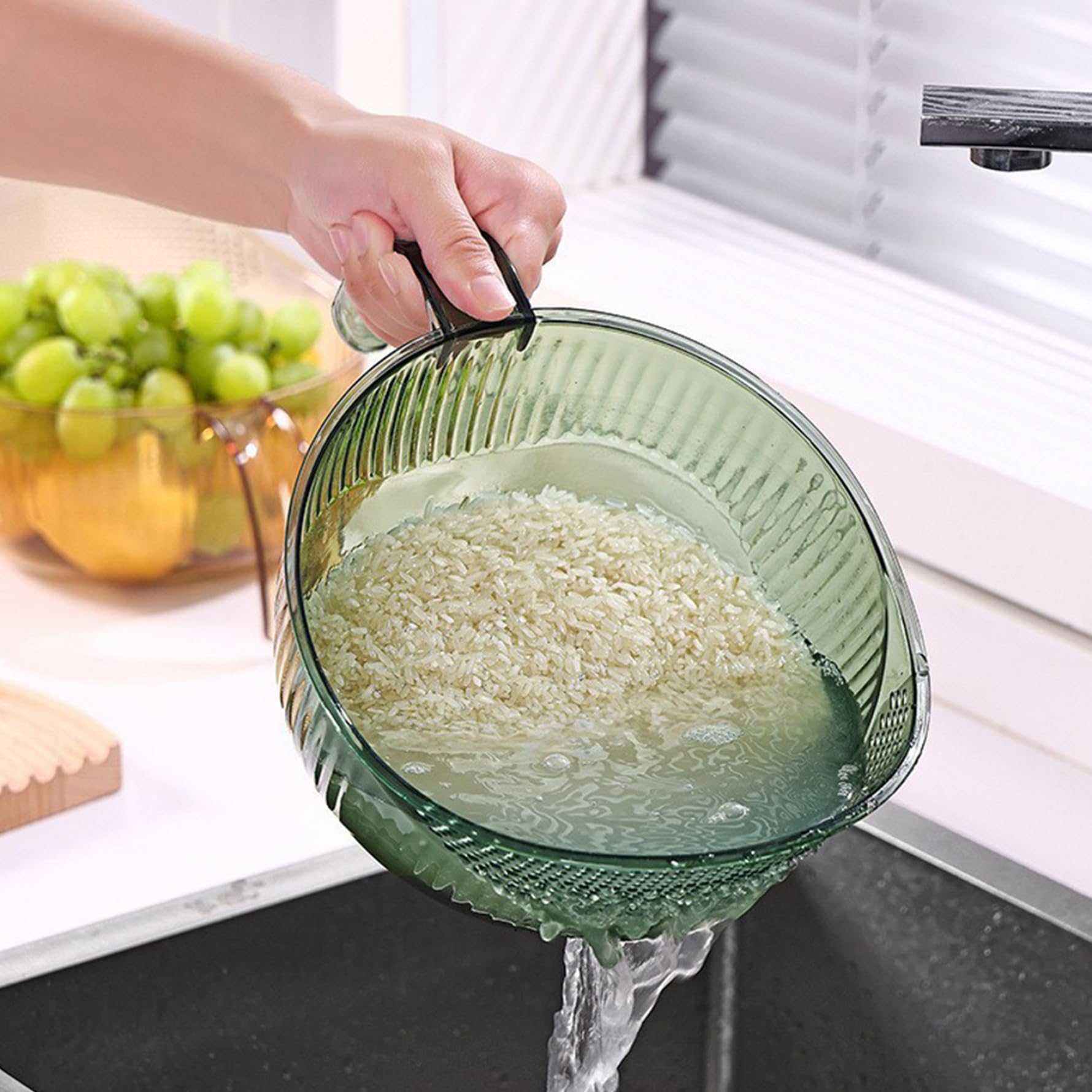 Rice Washing Strainer Basket - Kitchen Colander Sieve For Fruit & Vegetables, Green Plastic Drainer Bowl
