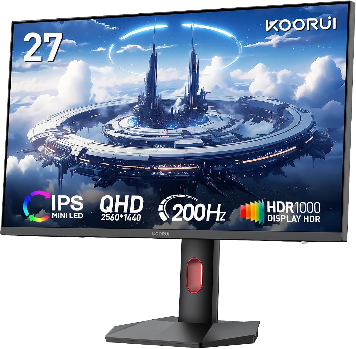 KOORUI 27 inch Mini-LED IPS Gaming Monitor, 200Hz 1ms, QHD 1440P HDR1000 | 97% DCI-P3, Adaptive Sync, PiP/PBP, Swivel/Pivot/Height Adjustable, HDMI and DisplayPort, Premium Gaming, Content Creation