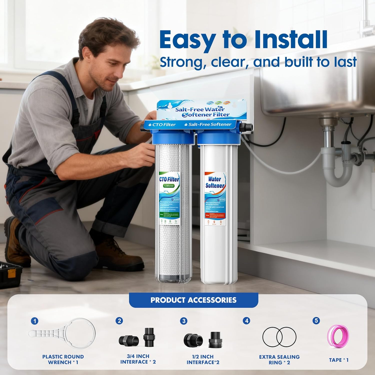 Salt Free Whole Home Water Filtration System,3/4" FNPT Salt Free Water Softener Alternative, 0.5 Micron Filtration Reduce Chlorine, Chemical & Odors Prevent Water Scale Buildup,Protect Appliances