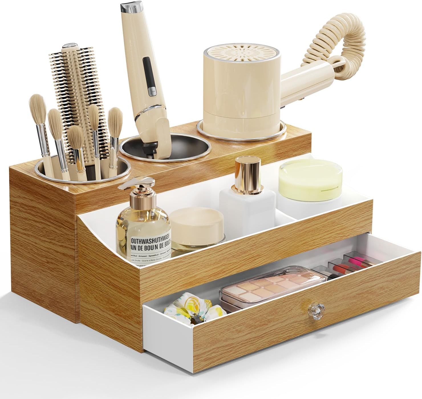 Acrylic Hair Dryer Holder with Drawer, Bathroom Organizer Countertop Drawers with 3 Stainless Cups, Makeup Vanity Accessories, Hair Hot Tools Organizer, Toiletry, Wood