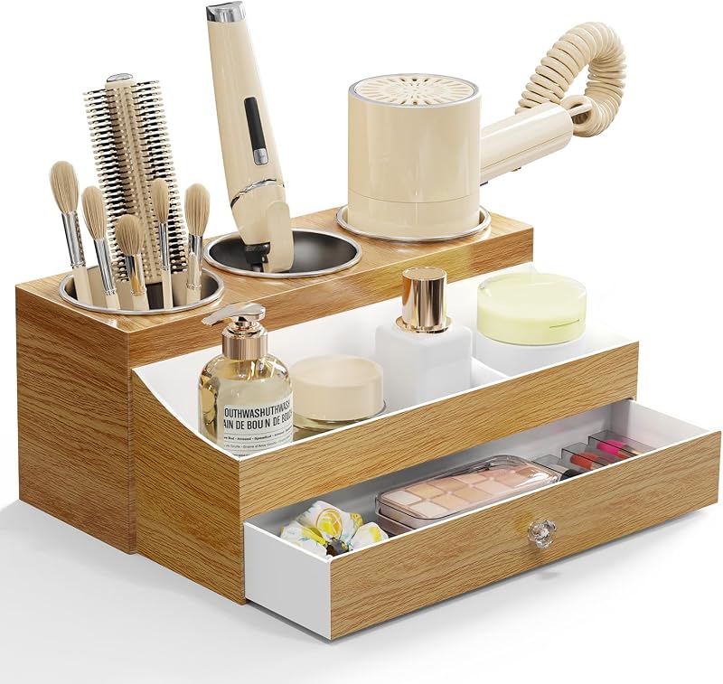 GFWARE Hot Hair Styling Tool Organizer with Drawer & 3 Cooling Cups, Wood | Hair Accessories Bathroom Vanity Storage, Hair Dryer, Blow Dryer, Curling Iron, Flat Iron, Hot Tools Cooling, Wood-Look