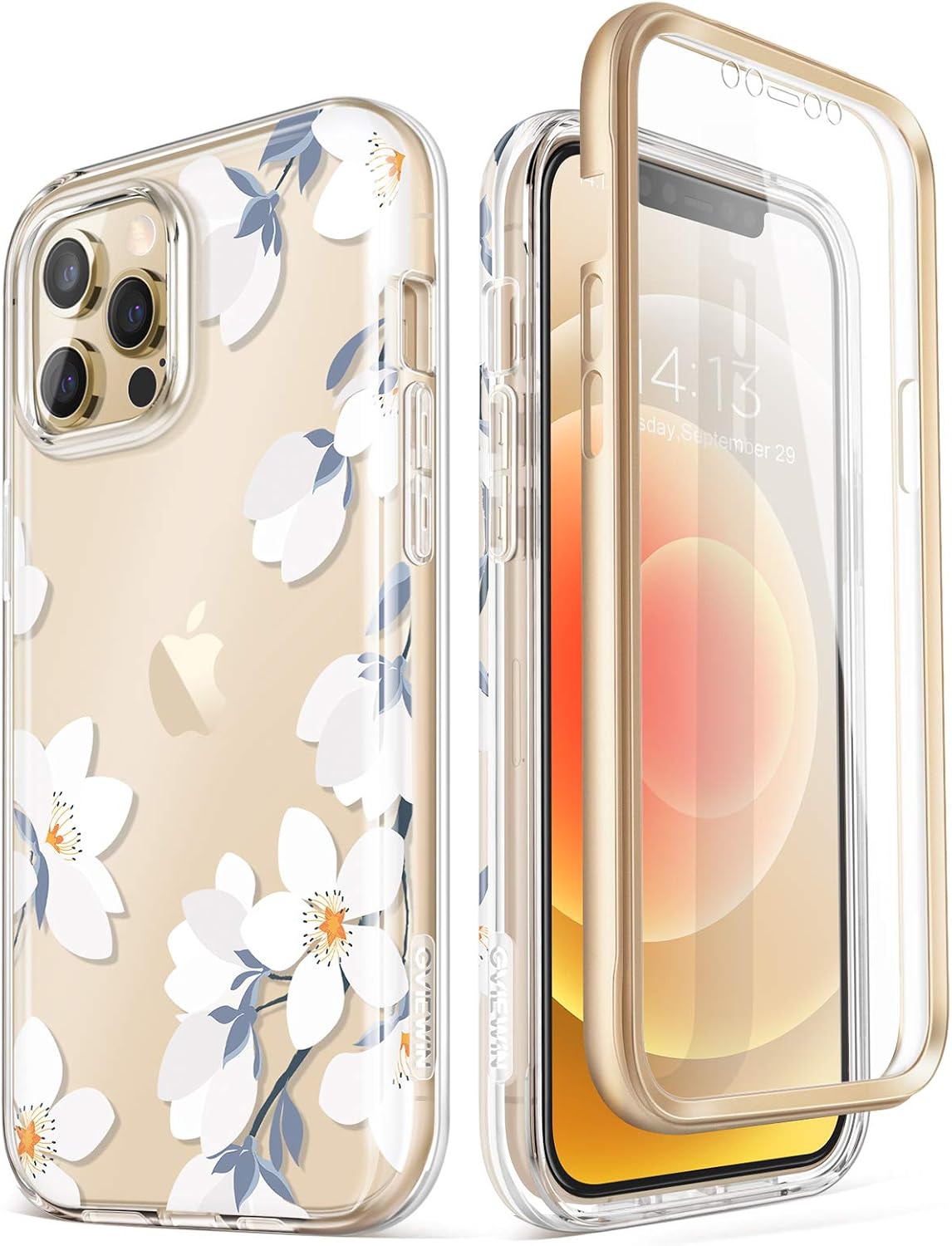 GVIEWIN Compatible with iPhone 12 Pro Max Case 6.7 inch 2020, [Built-in Screen Protector] Clear Flower Full-Body Shockproof Protective Floral Women Slim Phone Cover (Windflower/White)