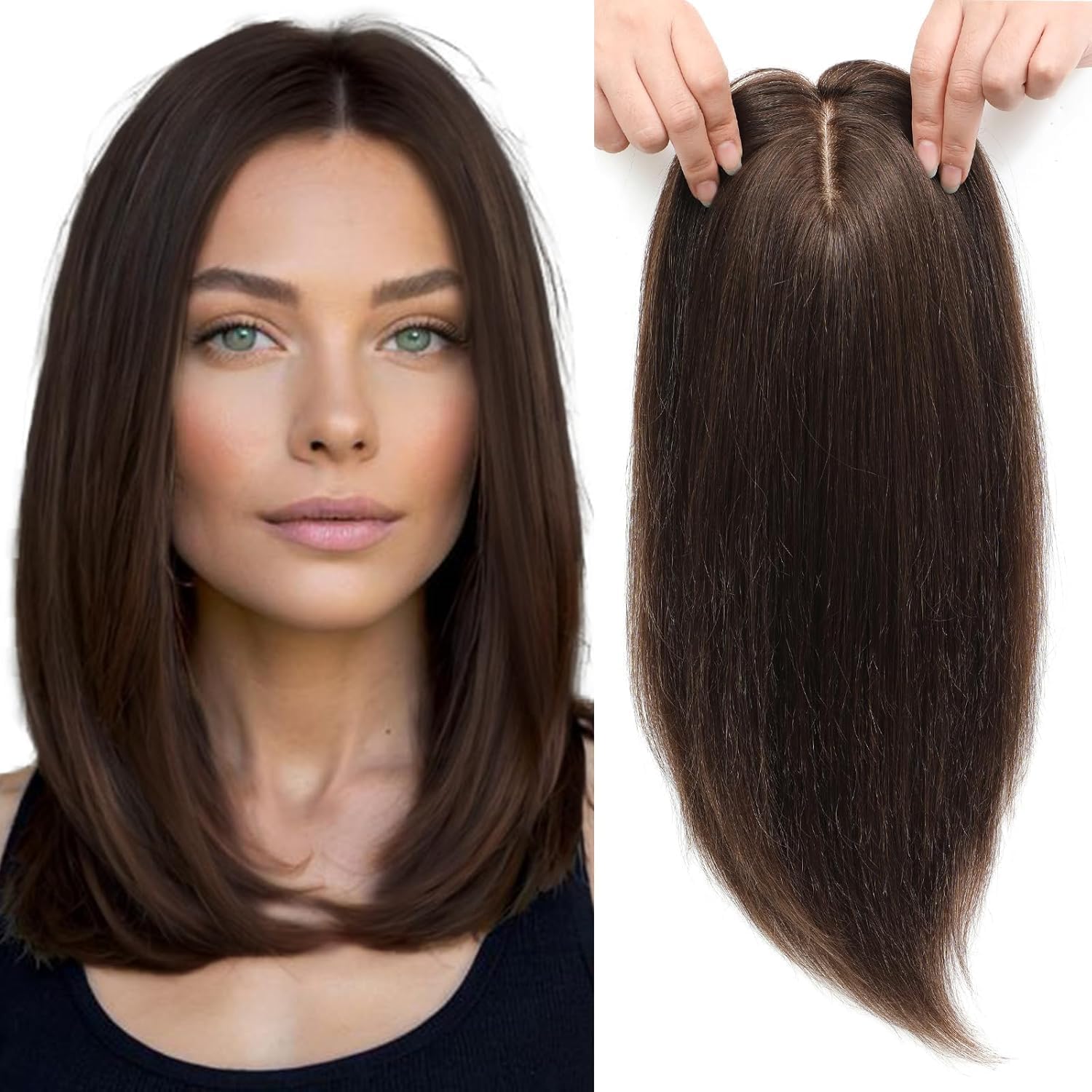 HAIR WALA™ 4 x 4 Inch Silk Base, 4 Clips Hair Toppers Hair Extension for Thinning Hair & Grey/White Hairs for Women,18 Inches Long, (Brown)