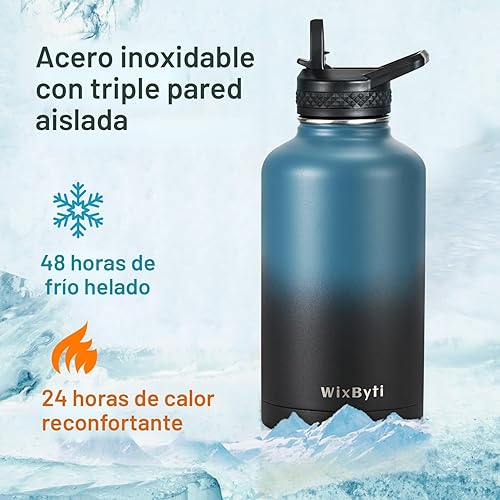 Miniatura 2 de Botella de agua tipo termo, aislamiento triple pared al vacío, acero inoxidable, calcomanías, frío 48 horas, a prueba de fugas, tapa con boquilla y