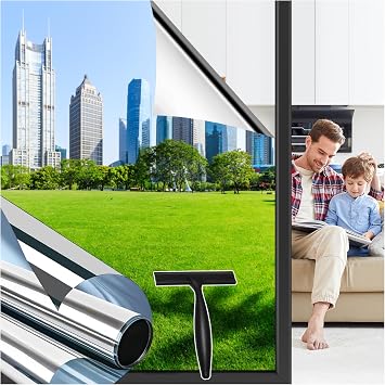 Niviy One Way Window Film Privacy Film for Glass Windows 44.5x200cm, Heat Reflective Window Tint Film & UV Blocking Stickers, Anti Glare Films for Home Office, Silver