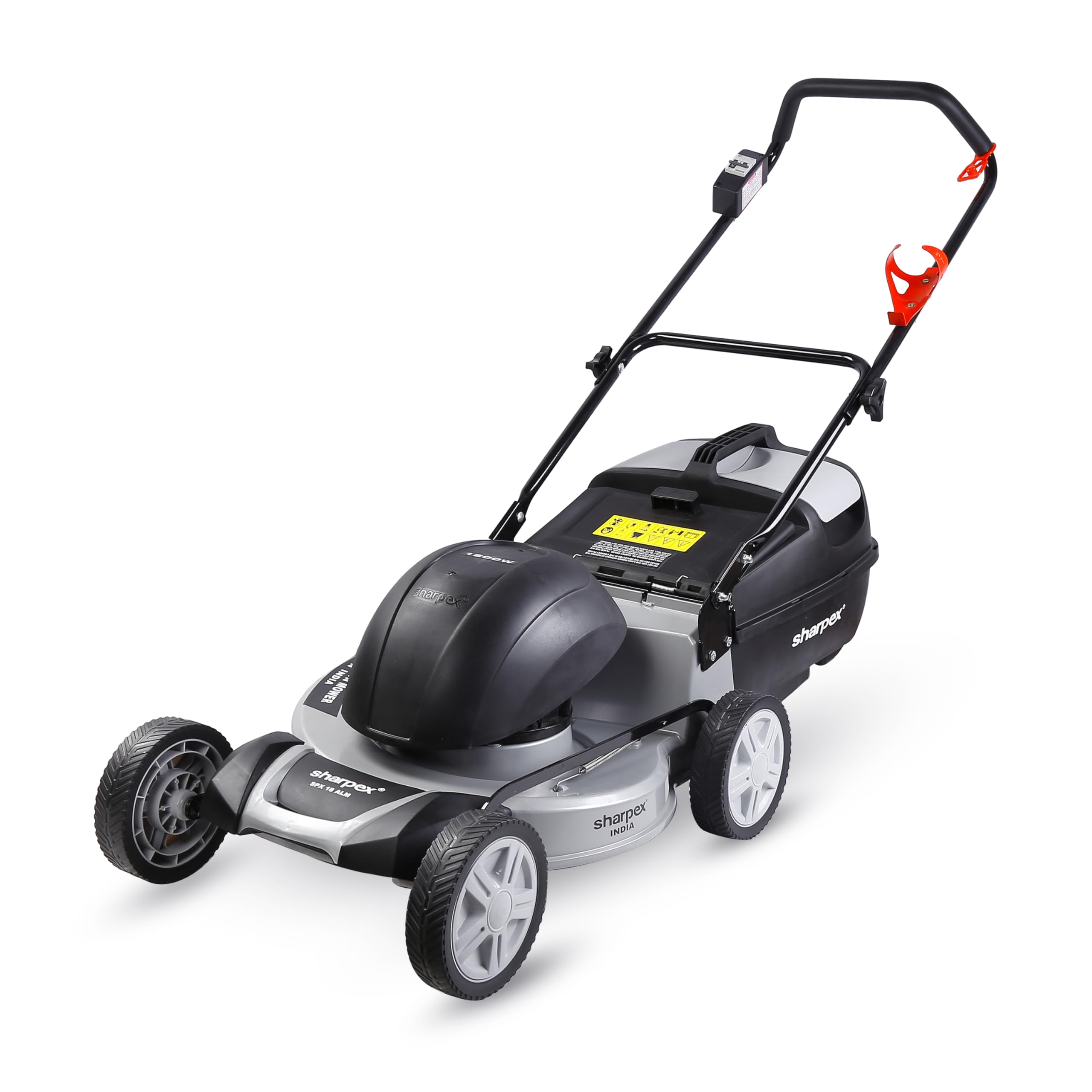 Sharpex 1800W Electric Lawn Mower, 18 Inch Blade | Made in India | 70L Grass Catcher Box, 8 Cutting Heights 20–85mm Adjustment, for Garden, Yard & Farm, Tools Kit Included, Silver