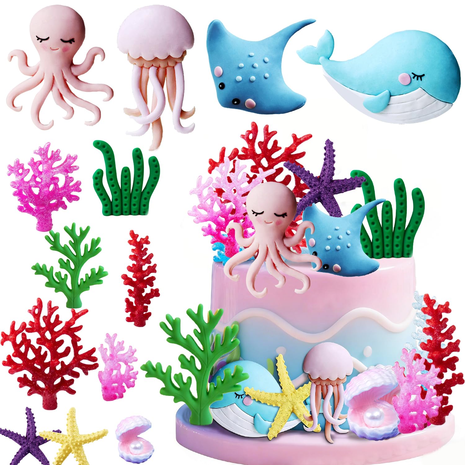12Pcs Hippocampus Clownfish Animal Cake Toppers for Birthday Party Supplies Beach Theme Party Cupcake Toppers,3D Ocean Theme Cake Decoratio