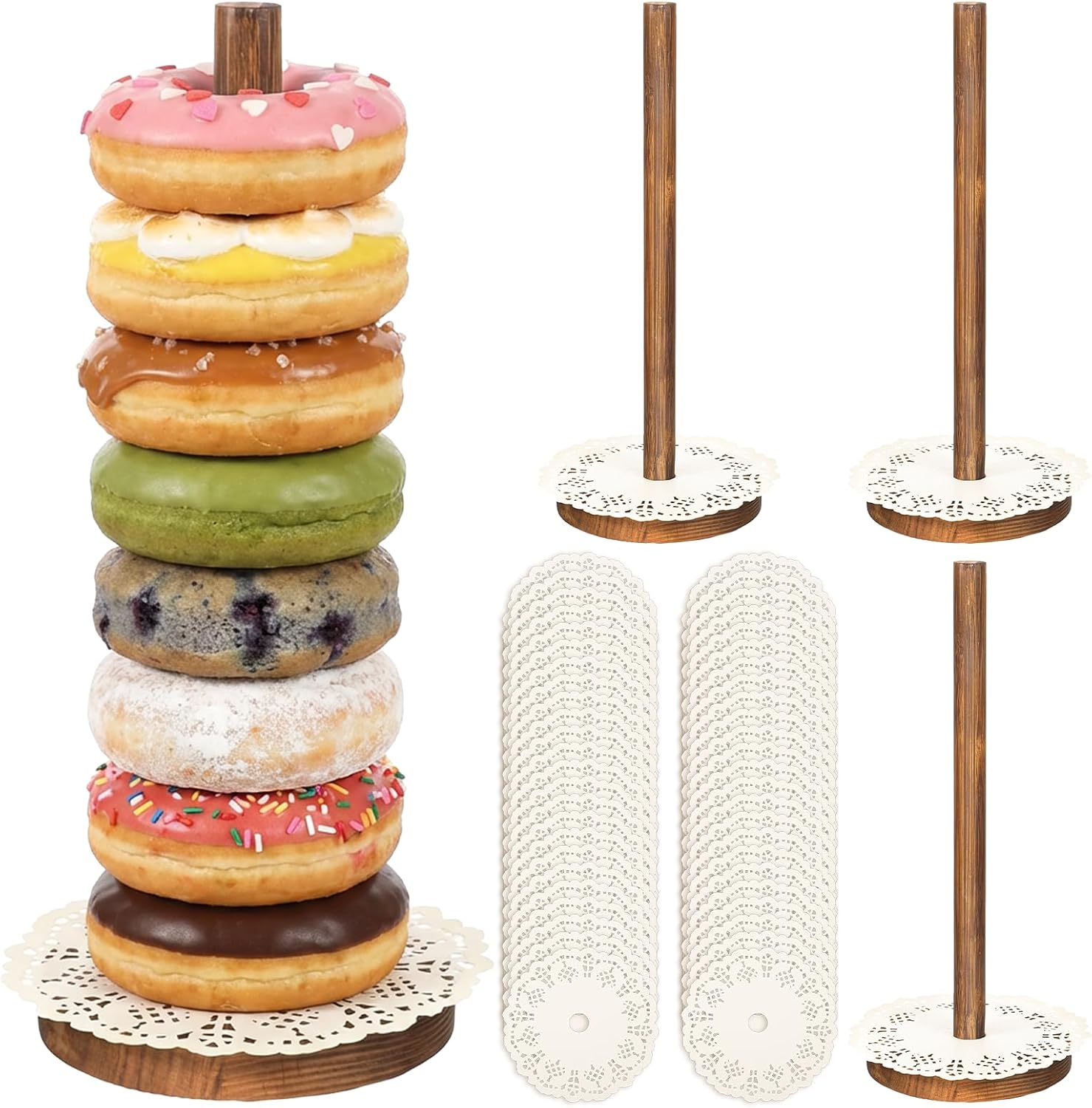 4 PCS Farmhouse Donut Stand for Dessert Table Donut Wooden Stand Bagel Stands Holder Doughnut Stands 10in Long for Wedding Birthday Parties Decorations Supplies, Reusable