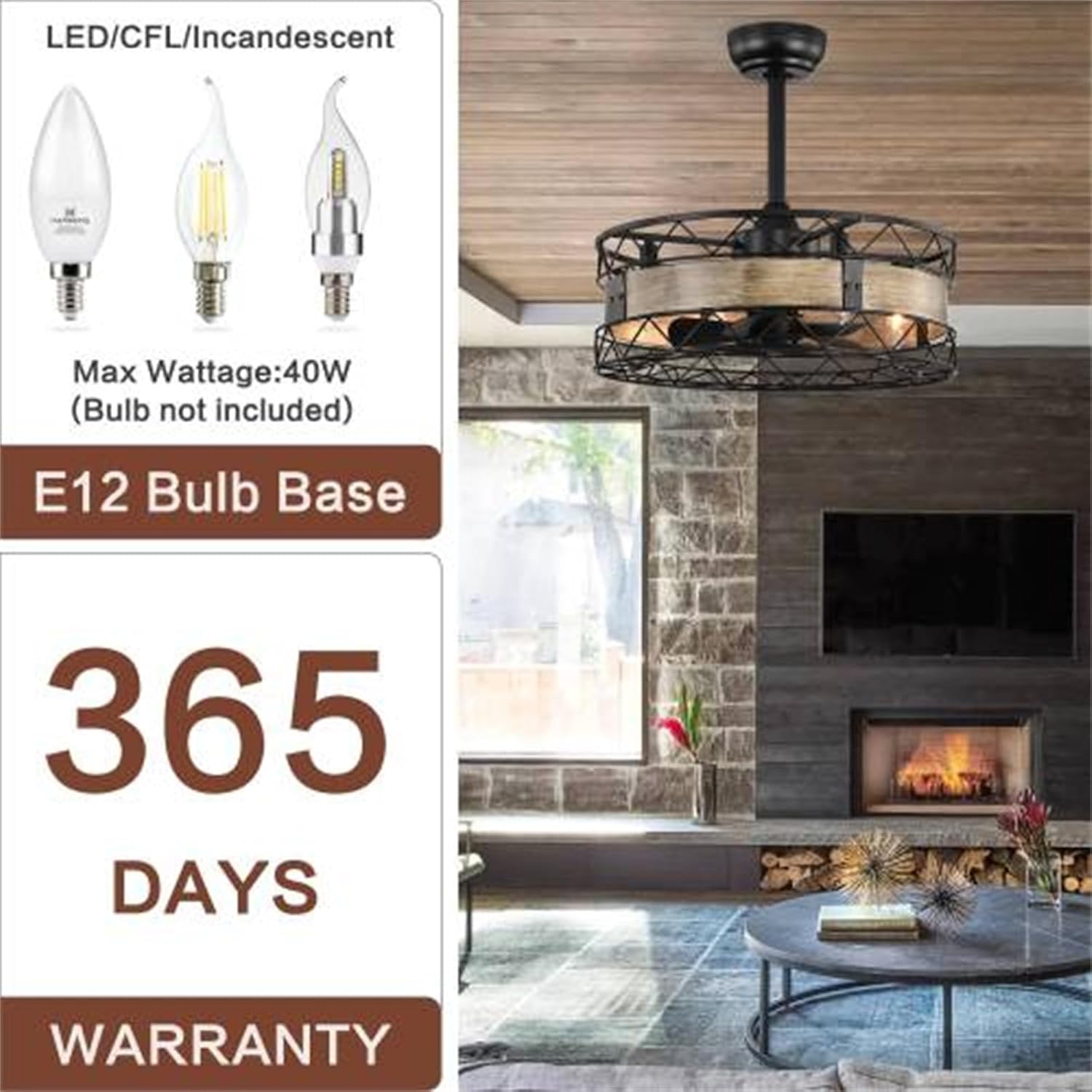 20.5 Inch Cage Ceiling Fan Light, Lighted Ceiling Fan, 5 ABS Blades, with Remote Control, Timer, 3 Speed ​​Indoor Ceiling Fan for Farmhouse, Bedroom Living Room (Bulb Not Included)