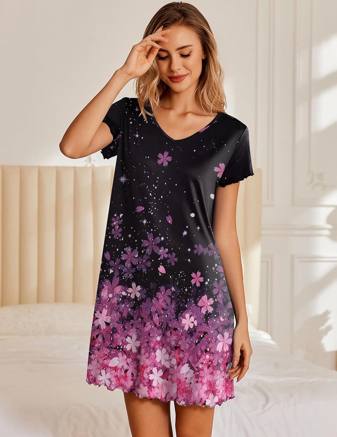 Ekouaer Nightgowns for Women Short Sleeve Sleepshirt V Neck Short Nightshirt Pullover Soft Ruffled Sleepwear S-XXXL - Image 2