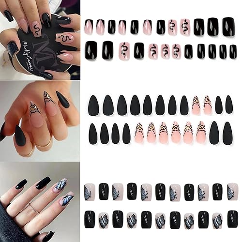 Uñas postizas a presión, paquete de 3 (72 piezas) medianas cuadradas, Stiletto Balck, uñas postizas con pegamento para mujeres, niñas, adolescentes