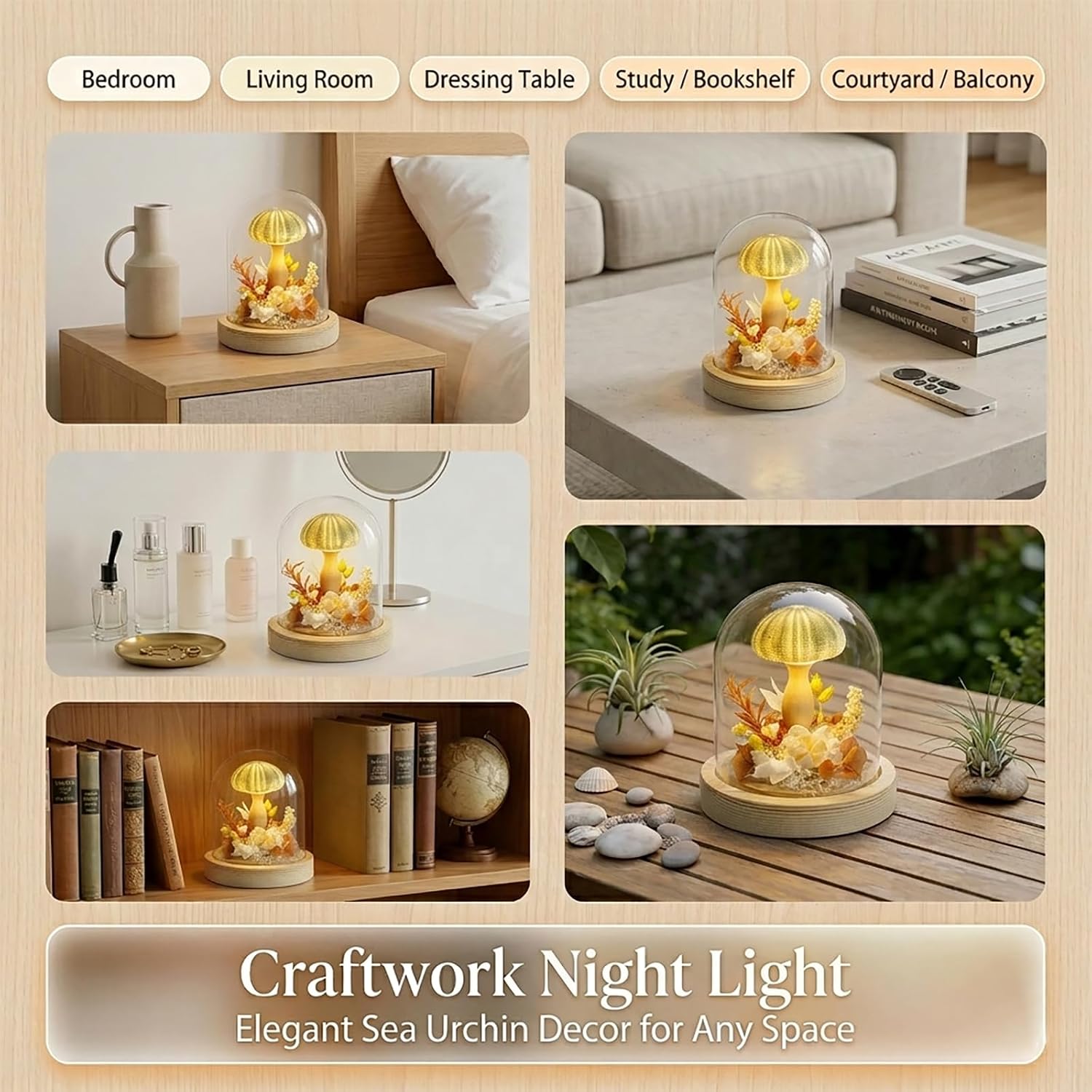 Sea Urchin Preserved Flower Night Light, Warm White LED Glass Dome Desk Lamp, Aesthetic Bedroom Decor, Unique Gifts for Women Girlfriend Mom (Autumn Tone)