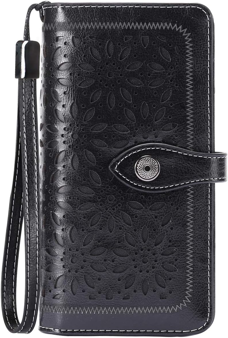 HUANLANG Women Wallets Large Ladies Leather Wallet with Coin Pocket RFID Wallet Organizer for Women with Wrist Strap (Black)