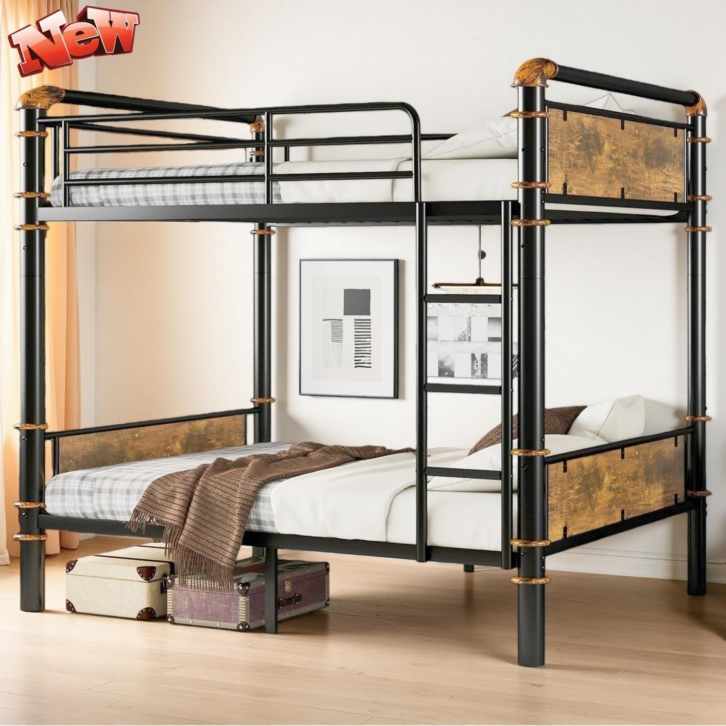 SIGONE Stronger and Safer Steel Twin XL Over Twin XL Size Bunk Bed, Thickened Heavy Duty More Stable Black Metal Bunkbed Frame (Easier to Assemble)
