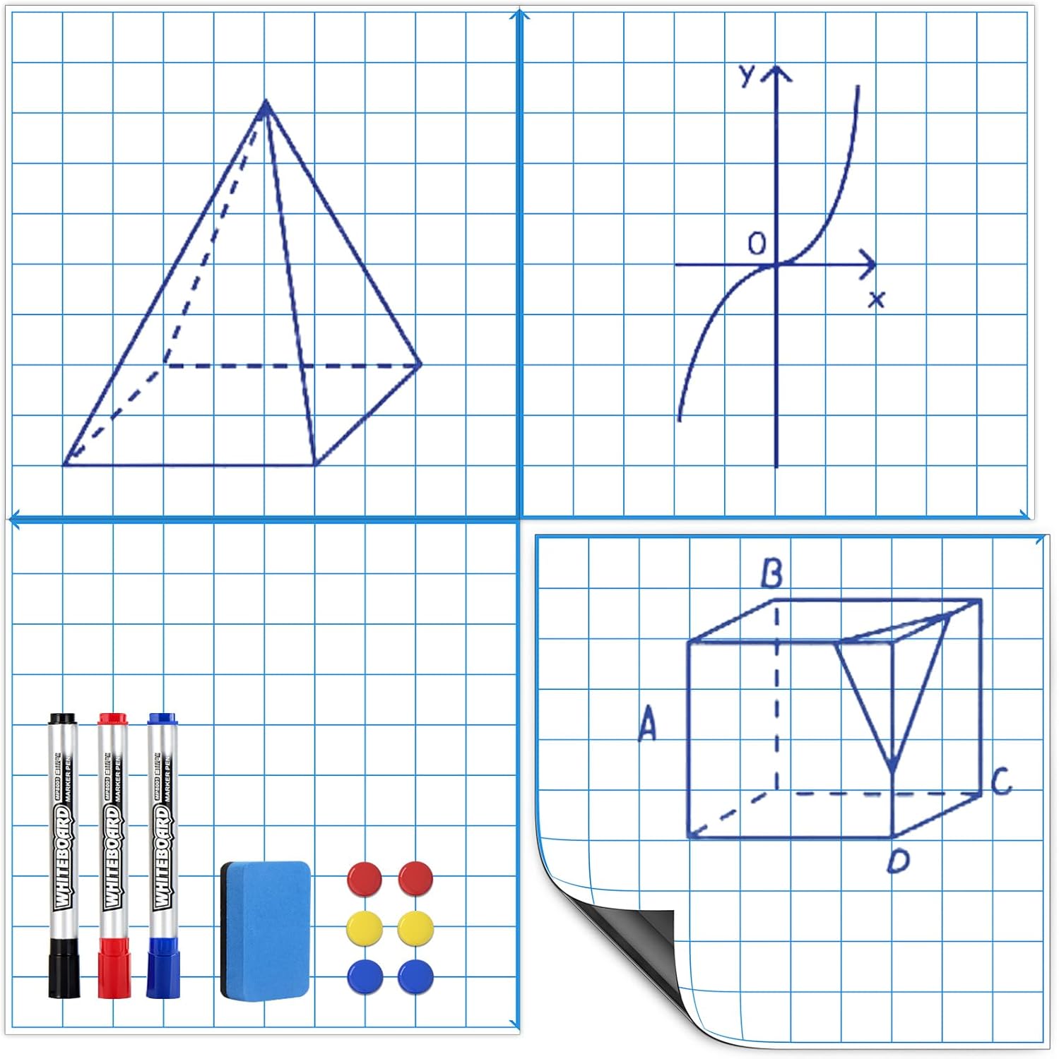 Magnetic Graph Paper for Whiteboard: 4-in-1 Dry Erase Grid XY Coordinate Plane for White Board - 30"x30" Reusable Axis Board with Markers, Magnets, Eraser for Math Teacher Classroom Must Have