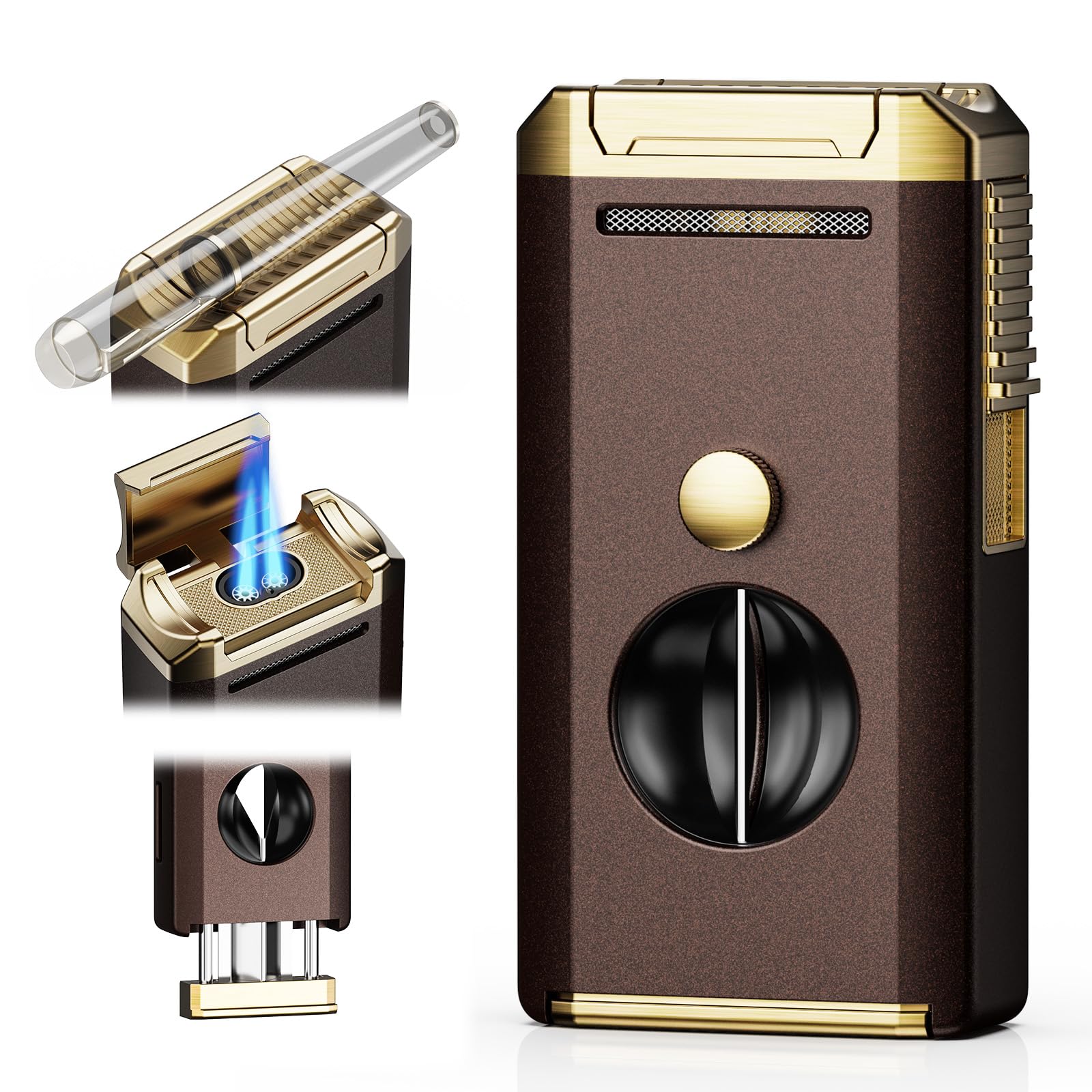 All-in-one Torch Lighter with Holder Pop Out Cutter and Dual Jet Flame Gifts for Men Multi-Functional Lighter Accessories