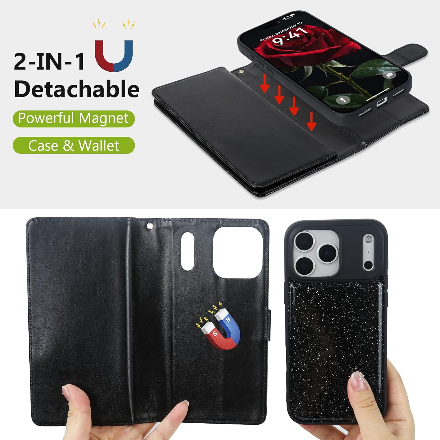 Varikke for iPhone 17 Pro Max Wallet Case Detachable with RFID Blocking Card Holder for Women, Glitter PU Leather Strap Magnetic Flip Removable Phone Case Cover for iPhone 17 Pro Max 6.9", Black