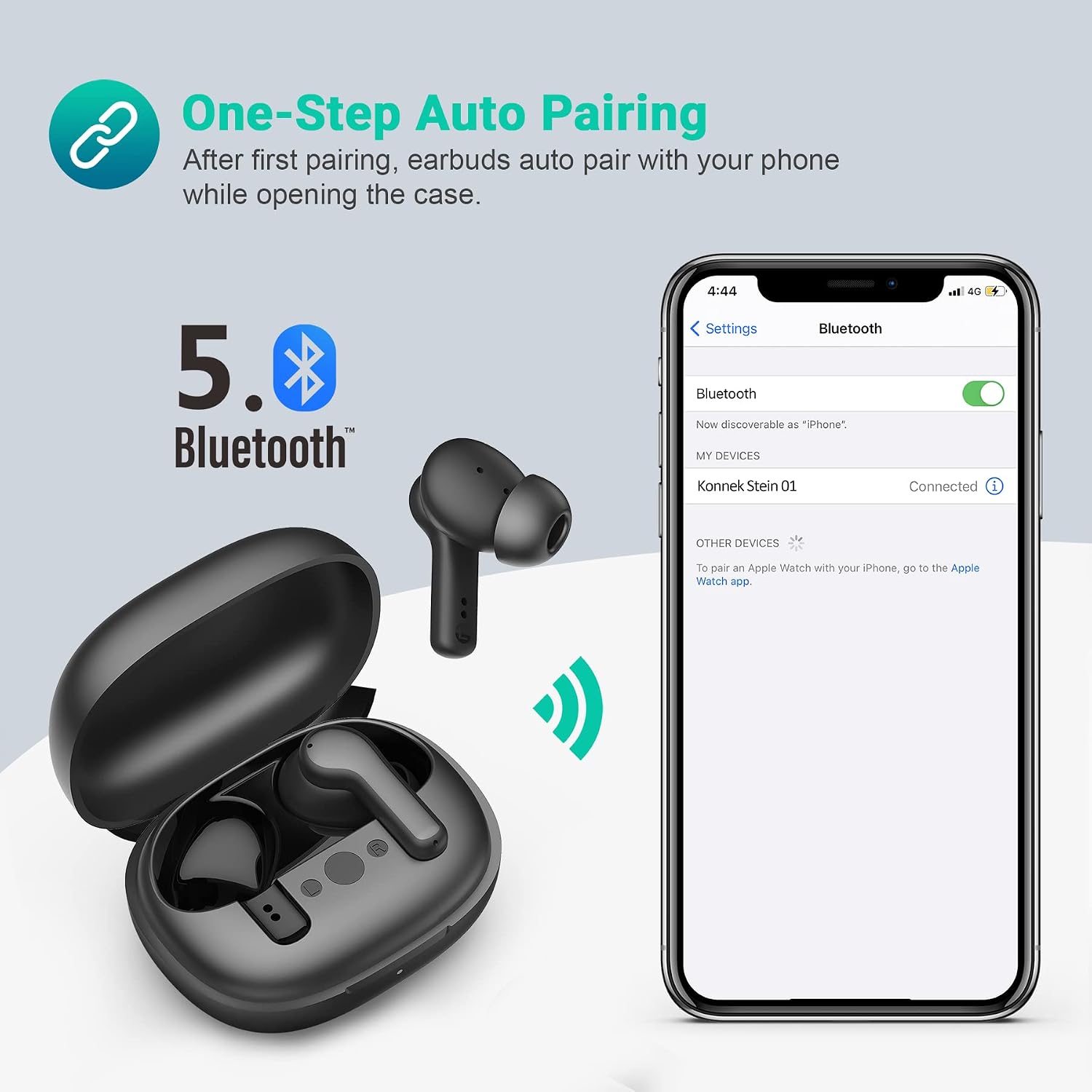 Smartphone screen showing Bluetooth pairing with Konnek Stein earbuds