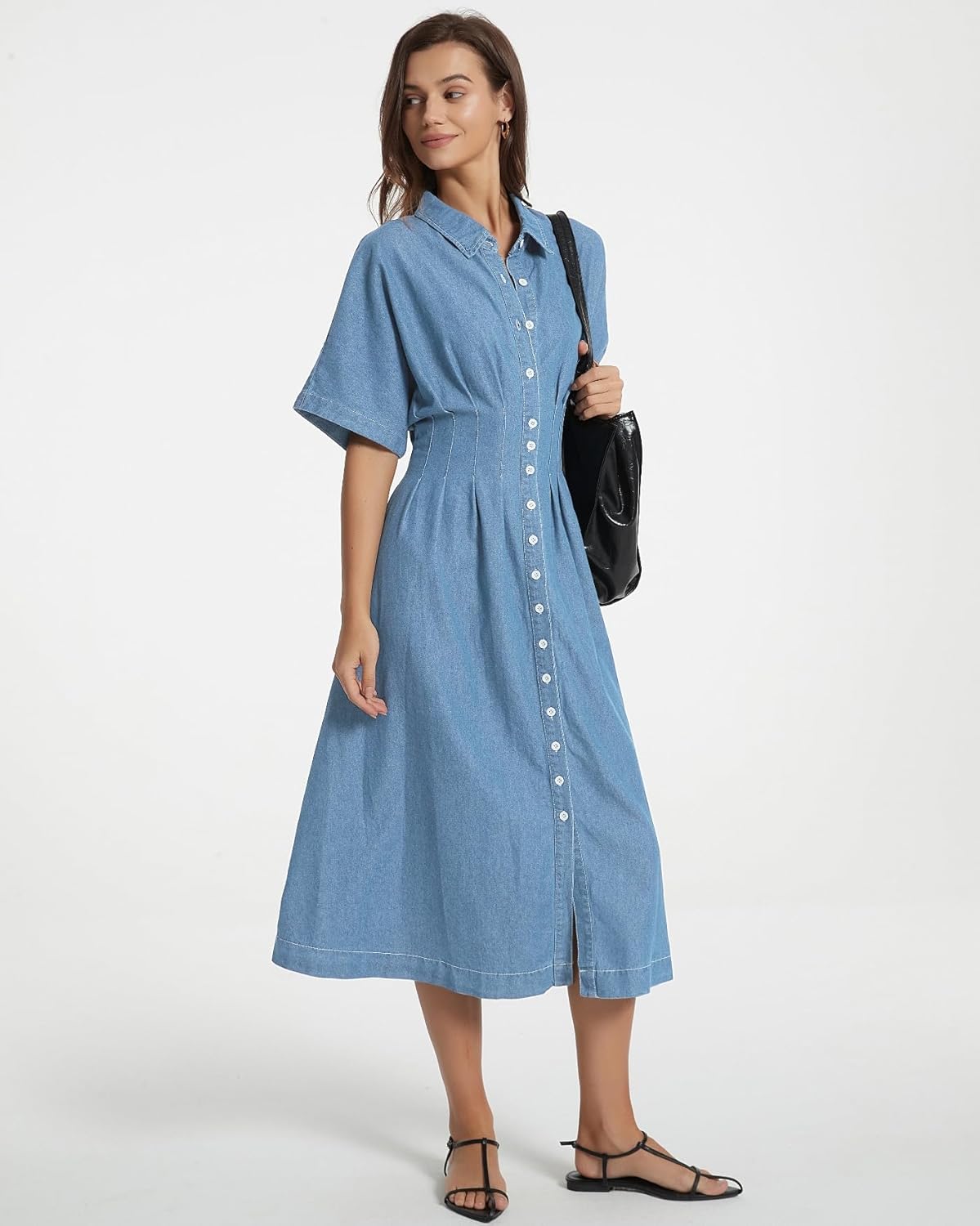 Women's Summer Denim Shirt Dress Lapel V Neck Short Sleeve Midi Jean Dress Button Down Long Dresses - Image 7