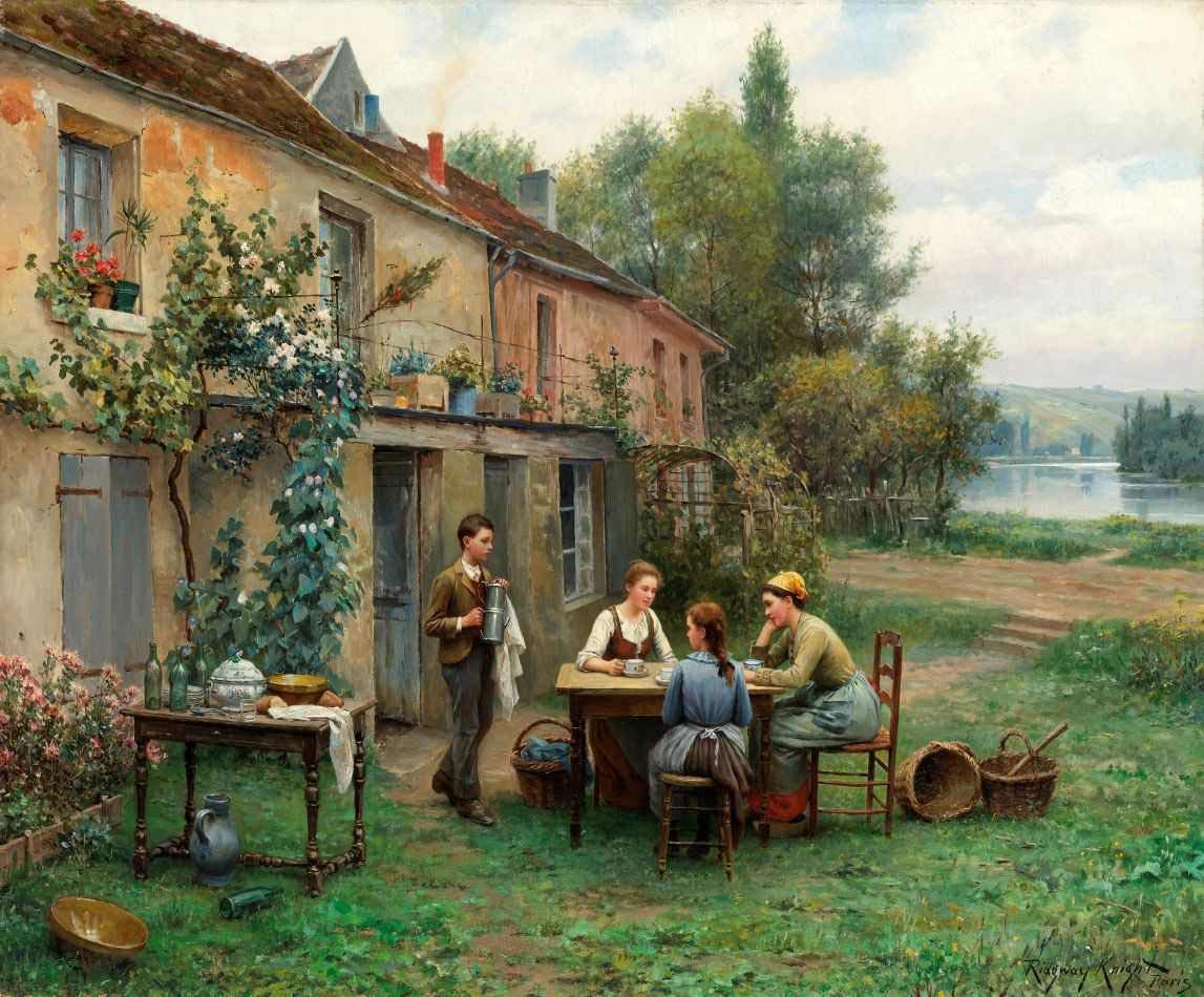 Café no Jardim de Daniel Ridgway Knight - 60x72 - Tela Canvas Para