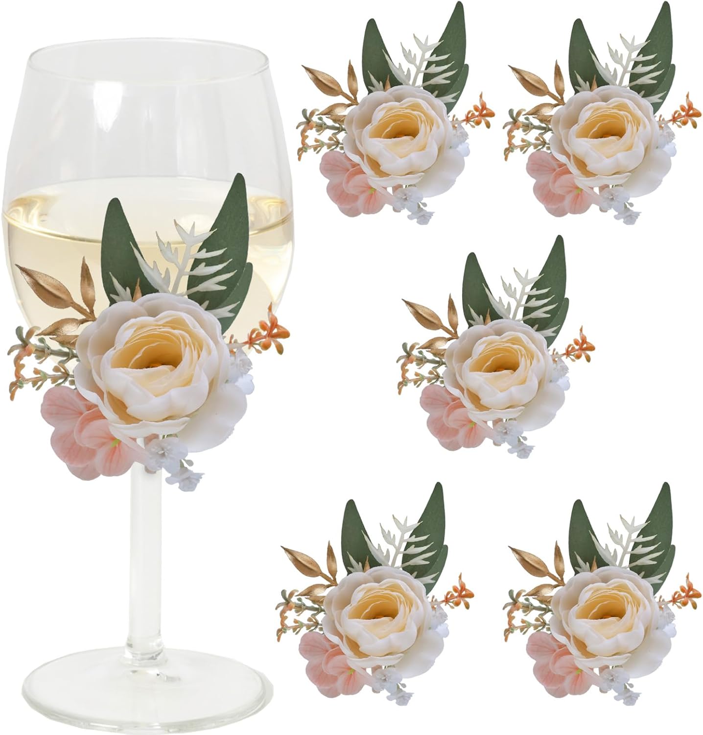 CherishedMoments 6Pcs Wine Cup Flower Set, Dining Tables, Plates Decorations，Champagne Artificial Flowers Wine Cup for Wedding Ceremony Anniversary, Wedding Home Decor (Champagne)