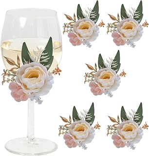 CherishedMoments 6Pcs Wine Cup Flower Set, Dining Tables, Plates Decorations,Champagne Artificial Flowers Wine Cup for Wedding Ceremony Anniversary, Wedding Home Decor (Champagne)