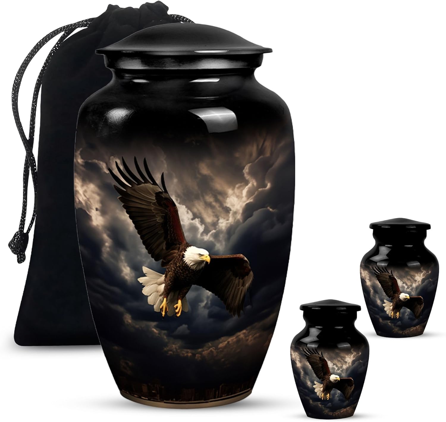 Unique Eagle Fly with Rain Clouds Urn - Large Urn for Ashes for Women - Mini Urns for Human Ashes - Urn for Ashes Adult Male - Black Urns - Small Urns for Human Ashes Combo 10inch & 3inch