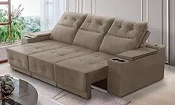 Sofá Retrátil e Reclinável 3 lugares 2,30m com Porta Copos e USB Hannah Suede Capuccino Adonai Estofados