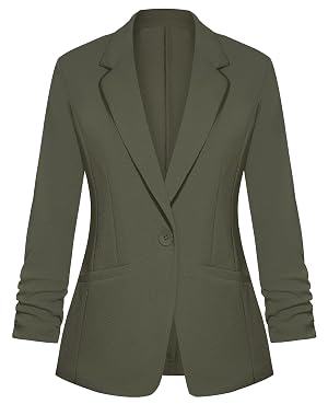 Blazers for Women Dressy Casual Ruched 3 4 Sleeve Lapel Button Work Office Cardigan Suit Jacket with Pockets