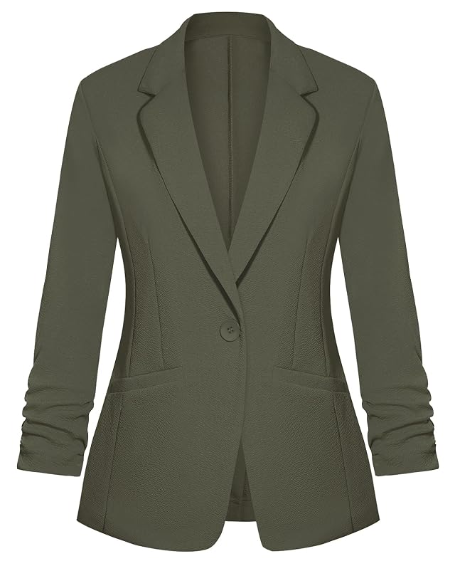 Blazers for Women Dressy Casual Ruched 3 4 Sleeve Lapel Button Work Office Cardigan Suit Jacket with Pockets