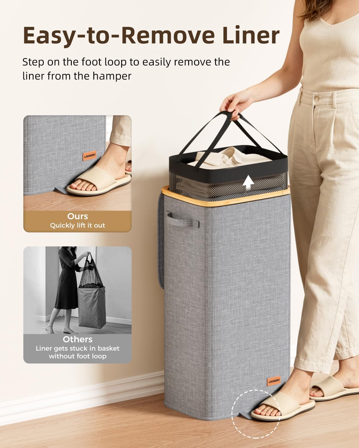 100L Laundry Hamper with Lid, Tall Dirty Clothes Hamper, Grey | Elegant bamboo appearance, Foot Loop, Removable Bag Easy to Lift and Carry, Bathroom, Bedroom, Laundry Room, Dorm