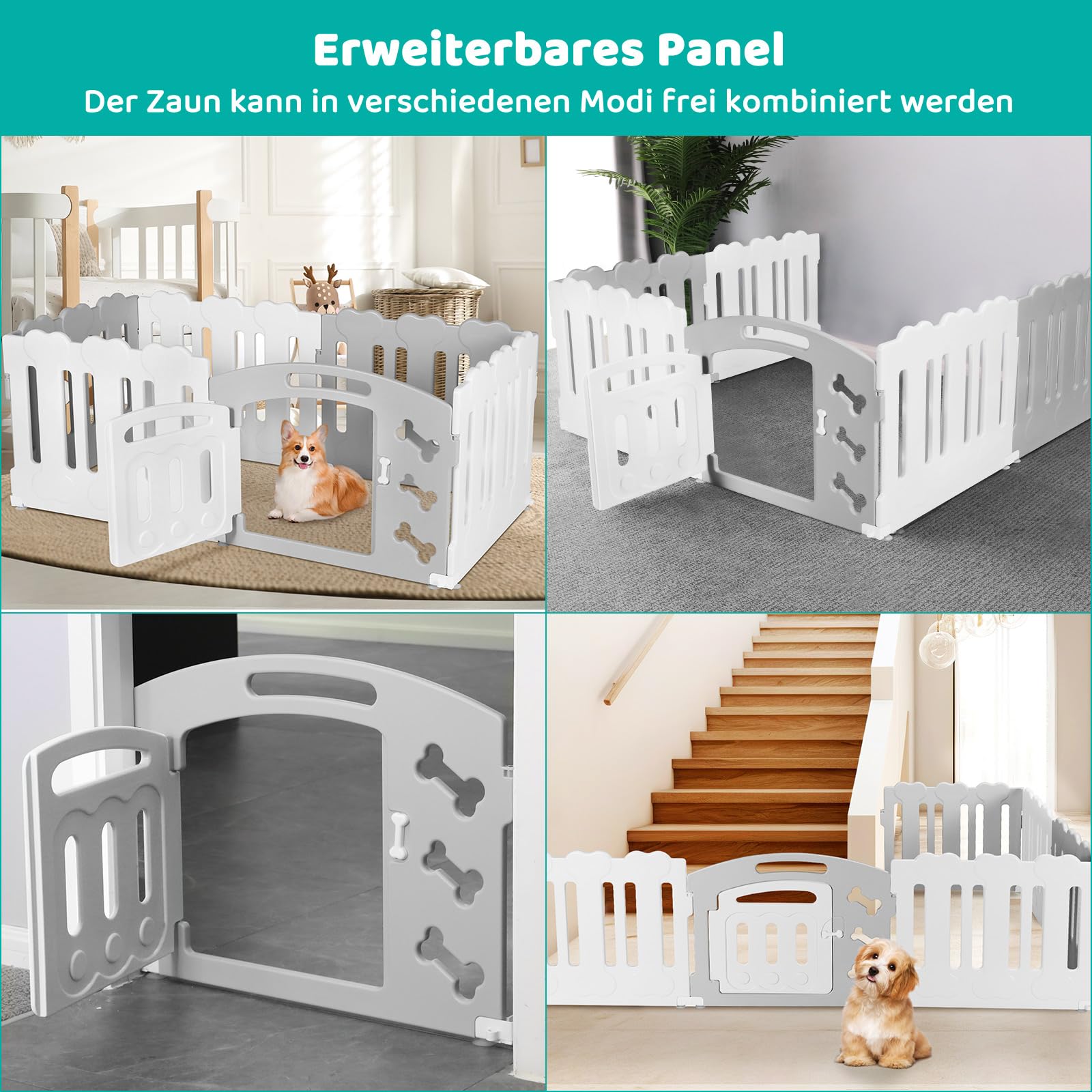 Recinto per Cani da Interno Esterno alto 60cm, Box per Cani 5+1 Pannelli, Recinzione per Cani Pieghevole, Recinto per Gatti in Plastica con Cancello, Incluse Ventose e Ancoraggi a Terra, Grigio-Bianco
